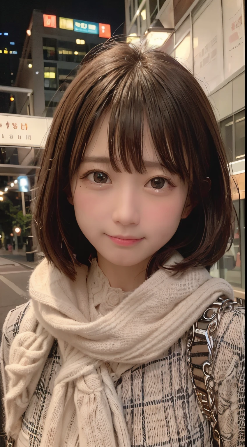 ​masterpiece, top-quality, 8K, 1 girl in,short-cut, beautiful a girl, Clean face, Winter clothes, smile on your scarf, A hyper-realistic, hight resolution, foco nítido, nffsw, face lights, Dynamic lighting, Movie Lighting, Professional Shadows, beautiful cityscape background, highestdetailed, ighly detailed, ultra-detailliert, finely detail, authentic skin, Delicate facial features, Detailed face and eyes, Sharp pupils、Realistic pupils