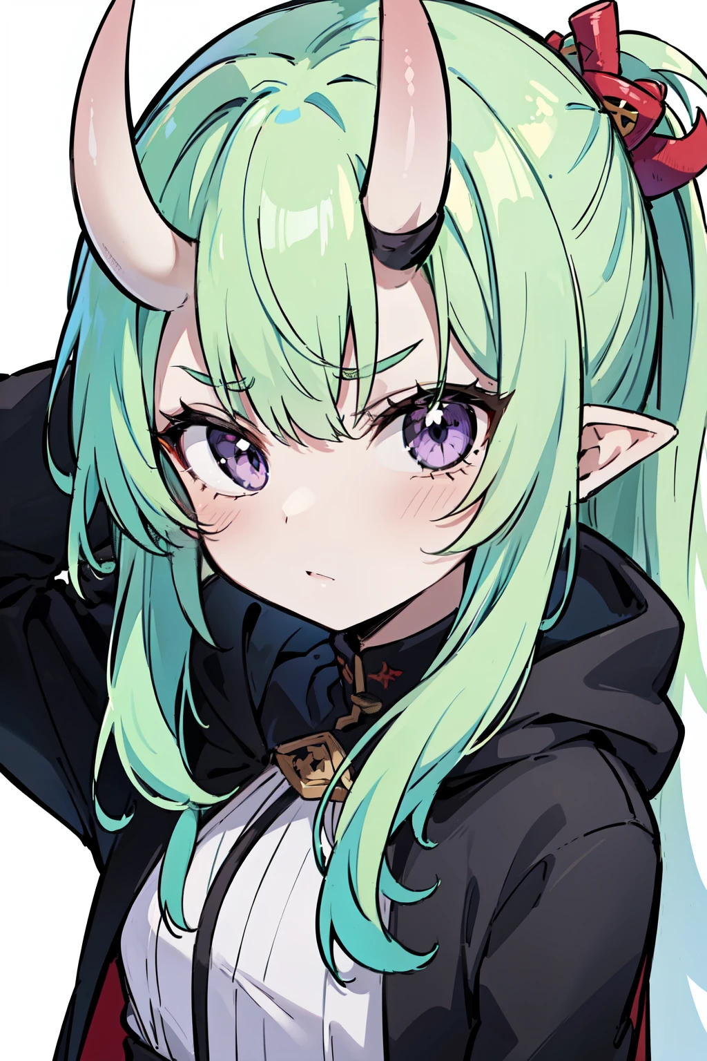 masterpiece, best quality, 4k, face close-up, portrait, 1girl, solo, beige hair, light green hair, pale green hair, long hair, purple eyes, slit pupils, small breasts, (oni girl, oni horns), serious, neutral, annoyed, black cloak, cape, hood, medieval fashion, standing, arms behind back, looking at viewer, white background, abstract background