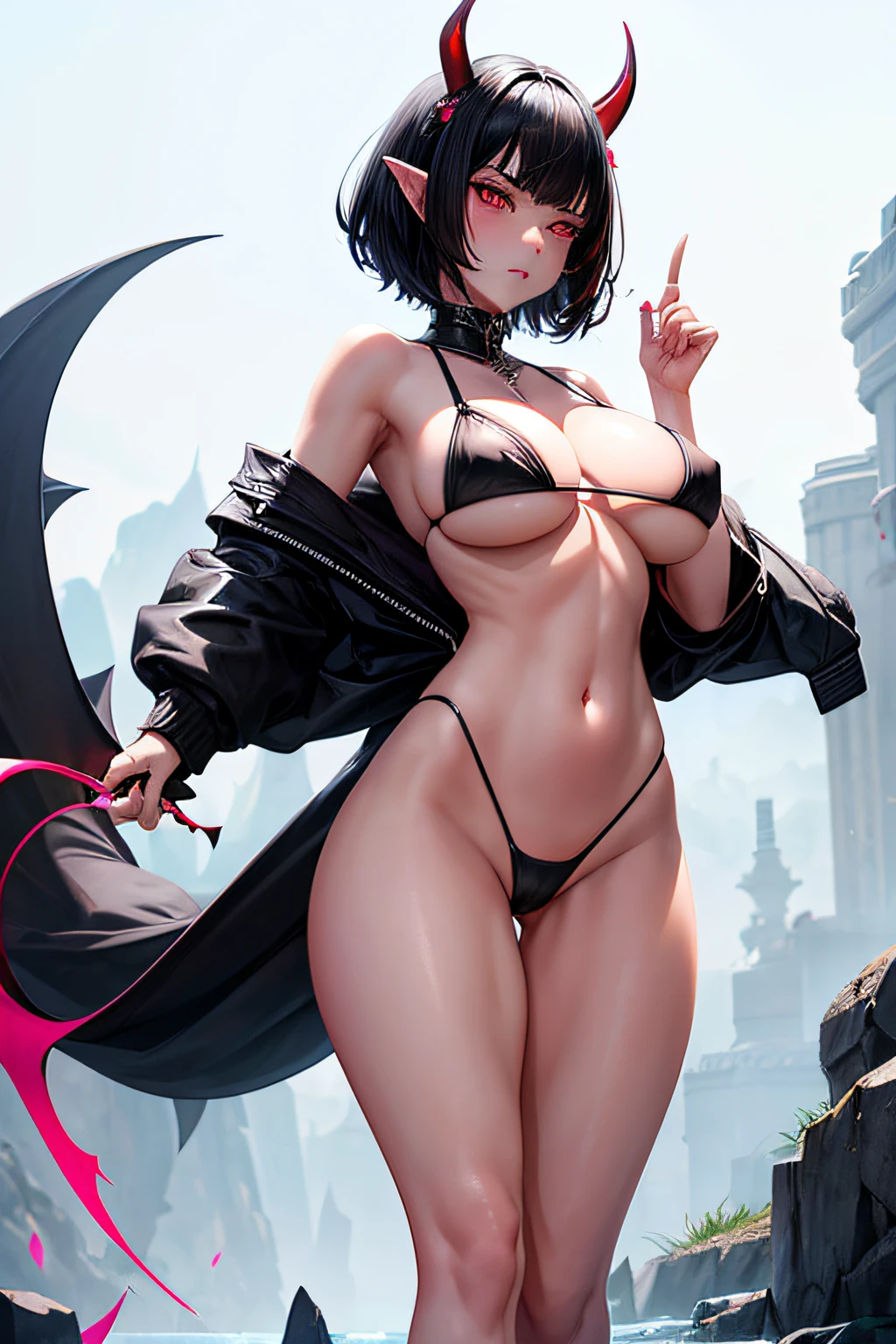 1 girl, tall girl, black hair, very thick short hair, face guard black, elven ears, red eyes, medium breast, pinkish nipples, virgin, sexy, white highlights, sexy pose, open legs, long belly, blushing, black bikini, with digital side-bag, seductive stare, walking, oni horns, white backgrounds, fierce stare.