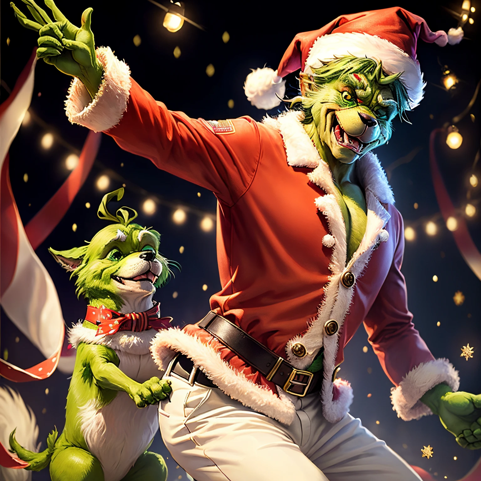 The Grinch in a Santa suit dancing the polka with his dog Max