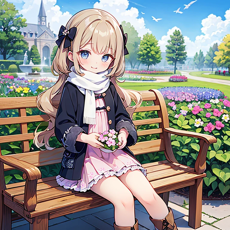 master piece , Best Quality,Wallpaper 8k CG, hyper quality, The best ,1girl in,Solo,Seductive smile,
(in Flower garden, Colorful flower garden,Floral scenery:1.5),( Blue sky, cumulonimbus clouds), (pinwheel:1.3),(Wooden bench:1.2),(Many flowers are blooming:1.3),(Lots of birds fly in the sky),(Peplum jacket),Intricate details on tulle skirt, Whole body, Girls Front, Close-up focus, Petite, long hair blown up, Curly hair, Air bangs, Beautiful and detailed rune tails, Twin-tailed, light brown hair, beautiful detailed hair, lovely big eyes, normal hands, flat chest, zettai ryouiki, scarf, long boots,