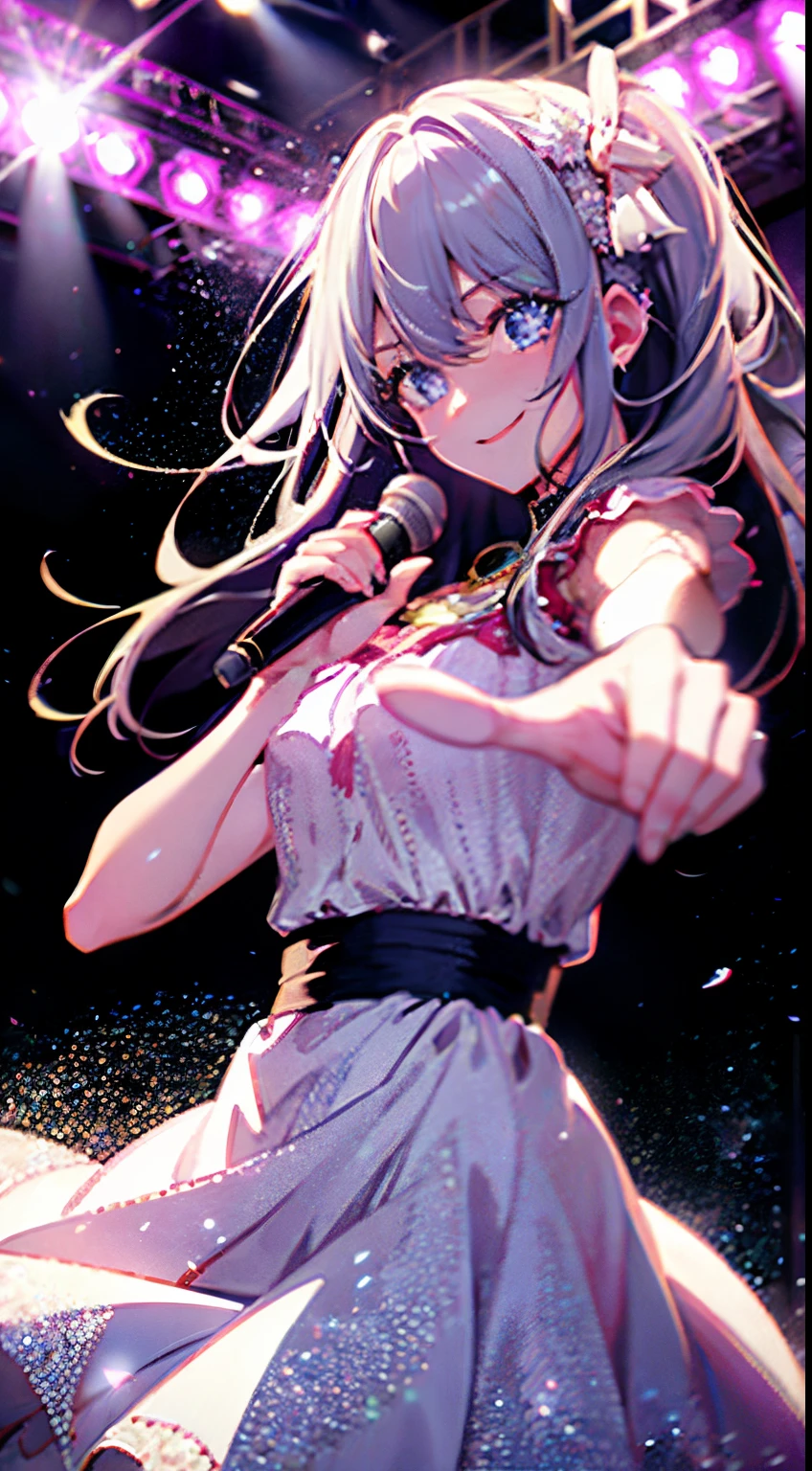White hair, Glowing eyes, Blue eyes, long hair, Perfect composition, Fisheye, 8K,"masutepiece, Intricate details, Vibrant colors, (1 girl: 1.2), Charming idol，Impressive white hair and charming smile, Wear a charming pink dress decorated with stars, Attractive starry eyes, Performing on a dazzling stage, Dance gracefully with the microphone, The audience cheered her on off stage,With a seductive playfulness and tongue-sticking hint, With incredible 8K resolution、Idol、I have a microphone