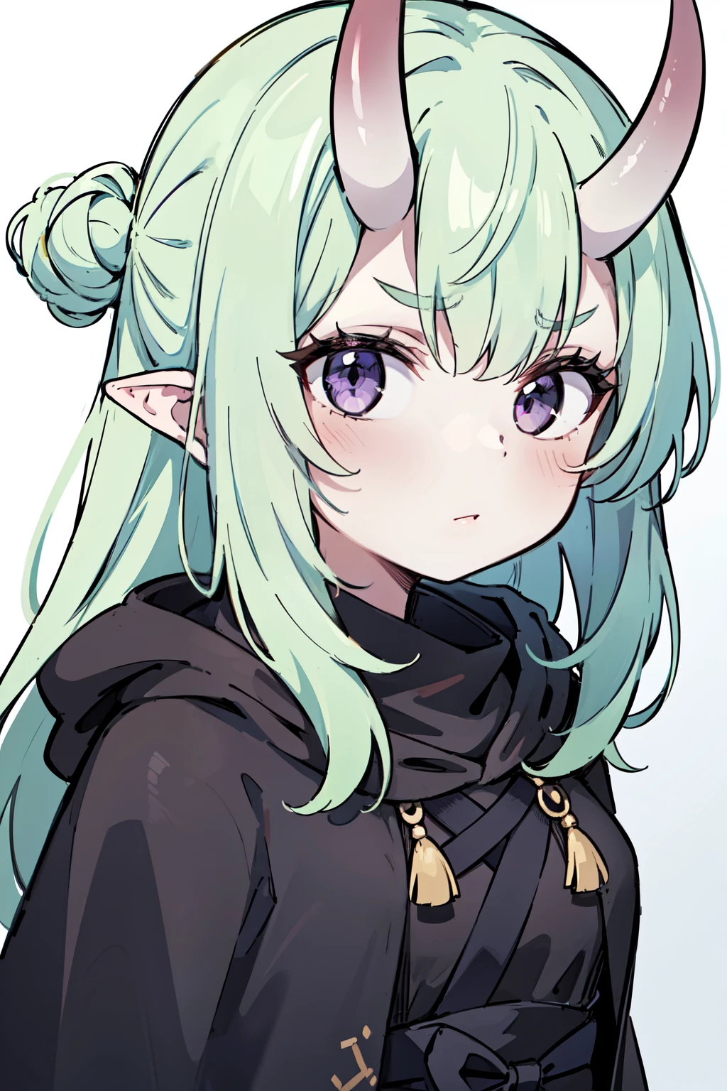 masterpiece, best quality, 4k, face close-up, portrait, 1girl, solo, beige hair, light green hair, pale green hair, long hair, purple eyes, small breasts, (oni girl, oni horns), serious, neutral, shy, black cloak, hood, medieval fashion, standing, arms behind back, looking at viewer, white background, abstract background