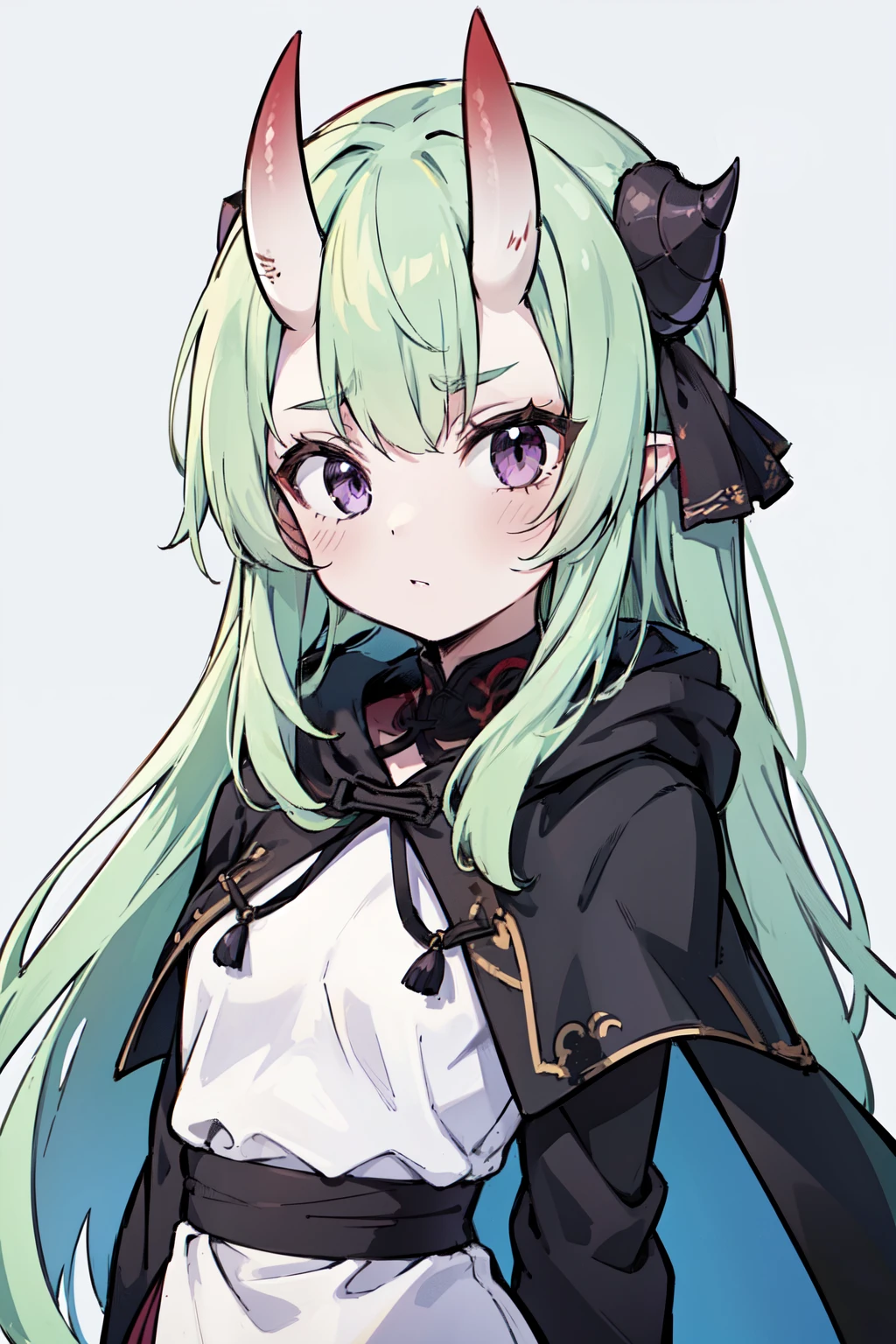 masterpiece, best quality, 4k, face close-up, portrait, 1girl, solo, beige hair, light green hair, pale green hair, long hair, purple eyes, small breasts, (oni girl, oni horns), serious, neutral, shy, black cloak, hood, medieval fashion, standing, arms behind back, looking at viewer, white background, abstract background