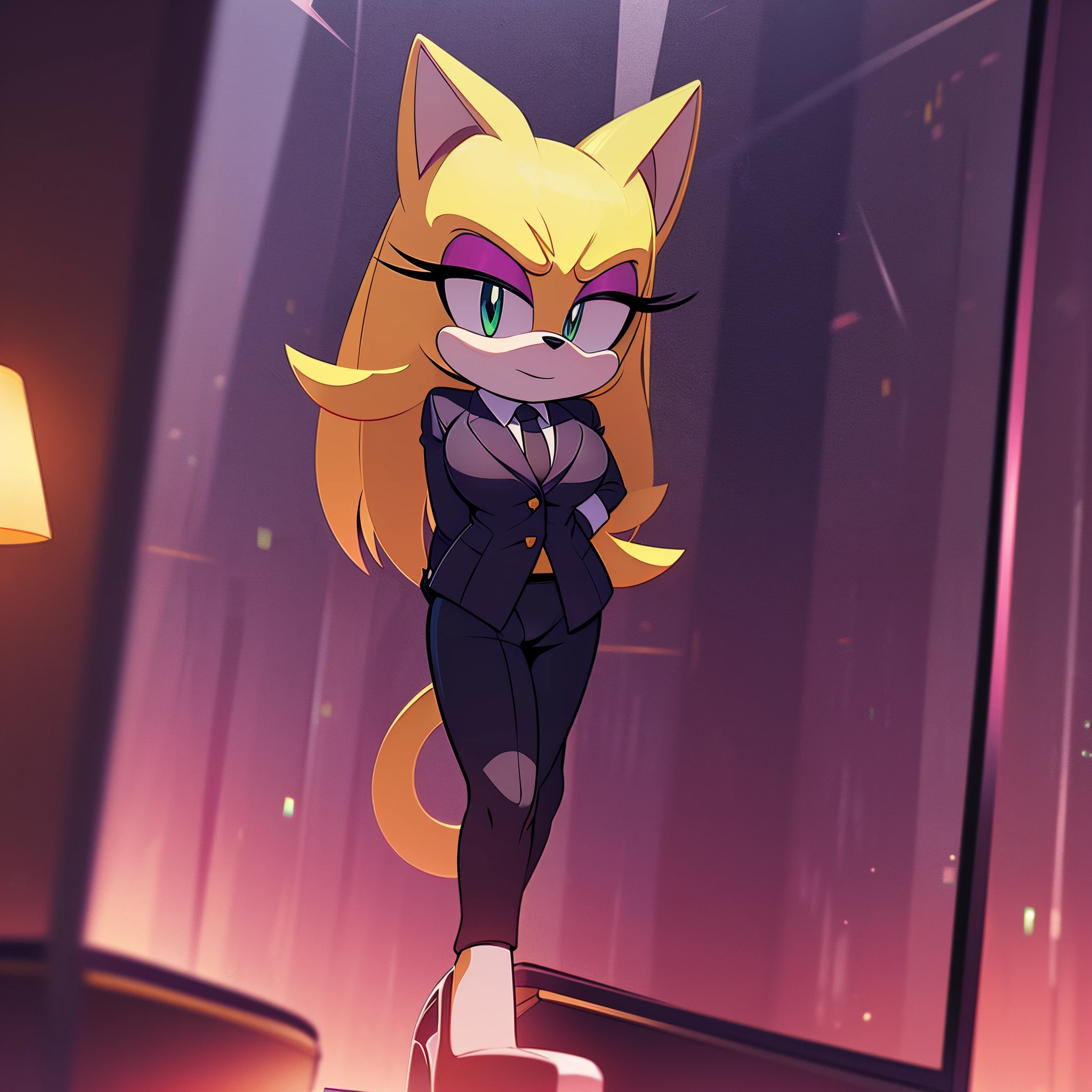 (1girl), (solo), female, mobian, cat, blonde fur, long tail, long hair, thin, business suit, dress, tight skirt, dark leggings, high heels, makeup, standing with crossed legs next to office desk ((Background: inside of a business office, glass wall sized window, city outside)), (beautiful, masterpiece, best quality, perfect lighting), (intricated details, 2D anime style)