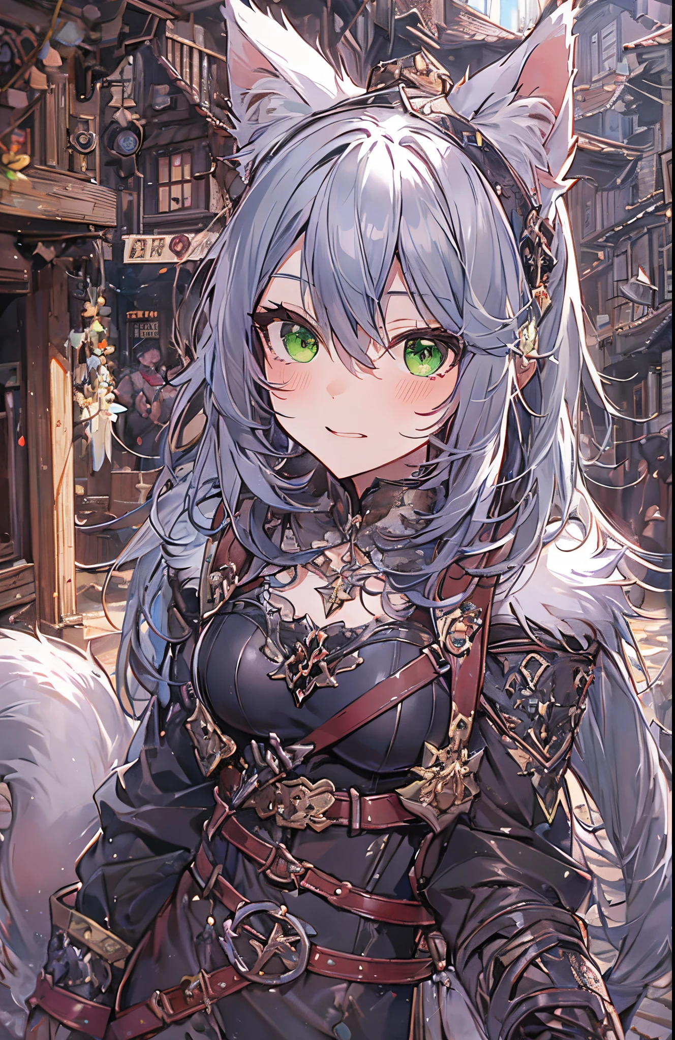masterpiece, highly detailed, concept art, medium shot, anime style, (catgirl:1.4), cat ears, heterochromia eyes, (violet and green colored ponytail hair), cute, Leather outfit, fantasy theme, bustling medieval market background, (epic composition, epic proportion), Contrast, HD