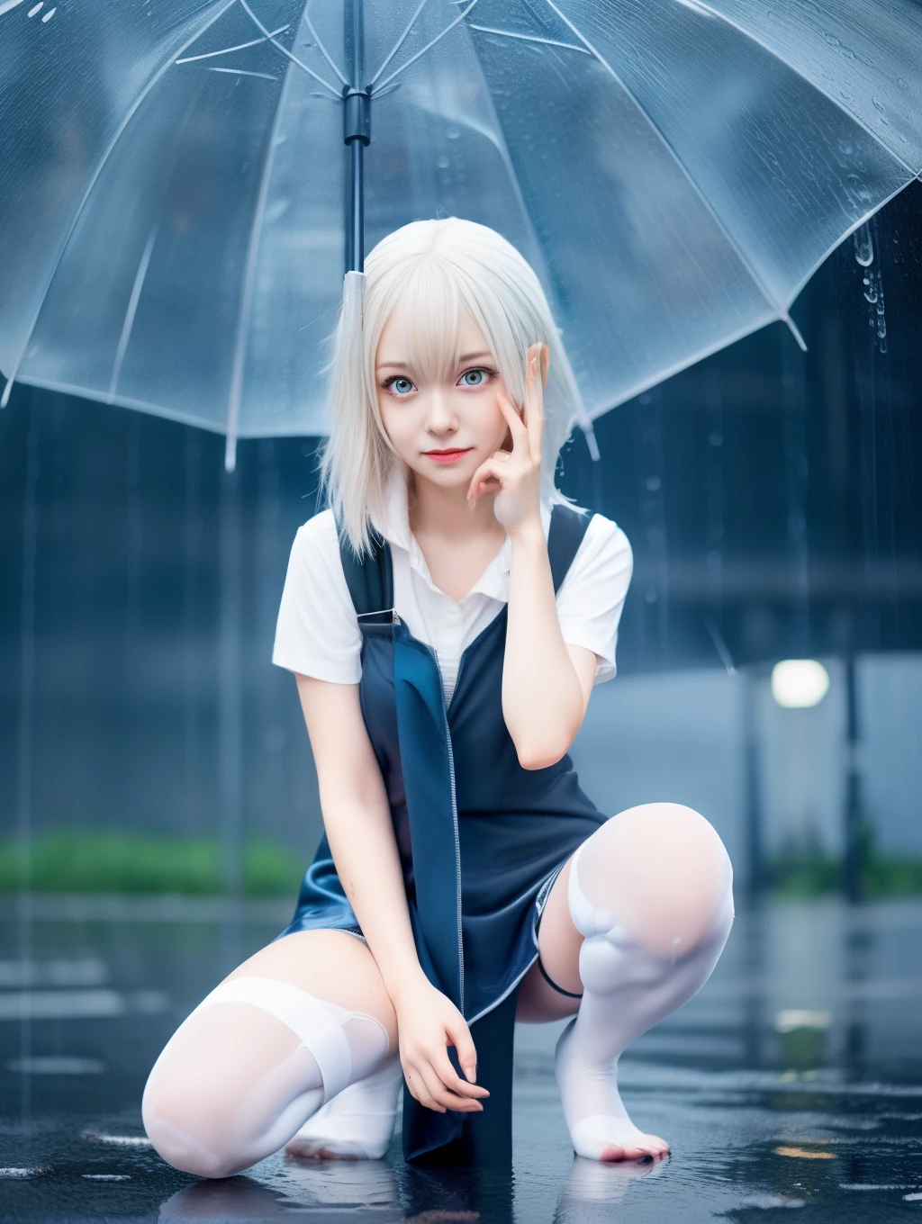 1 girl, anime style, kneeling, hivering, feeling cold, shivering, transparent suspender stockings, leg straps, short skirt, (long white hair), blue eyes, rain-soaked top, rainy day, heartache expression