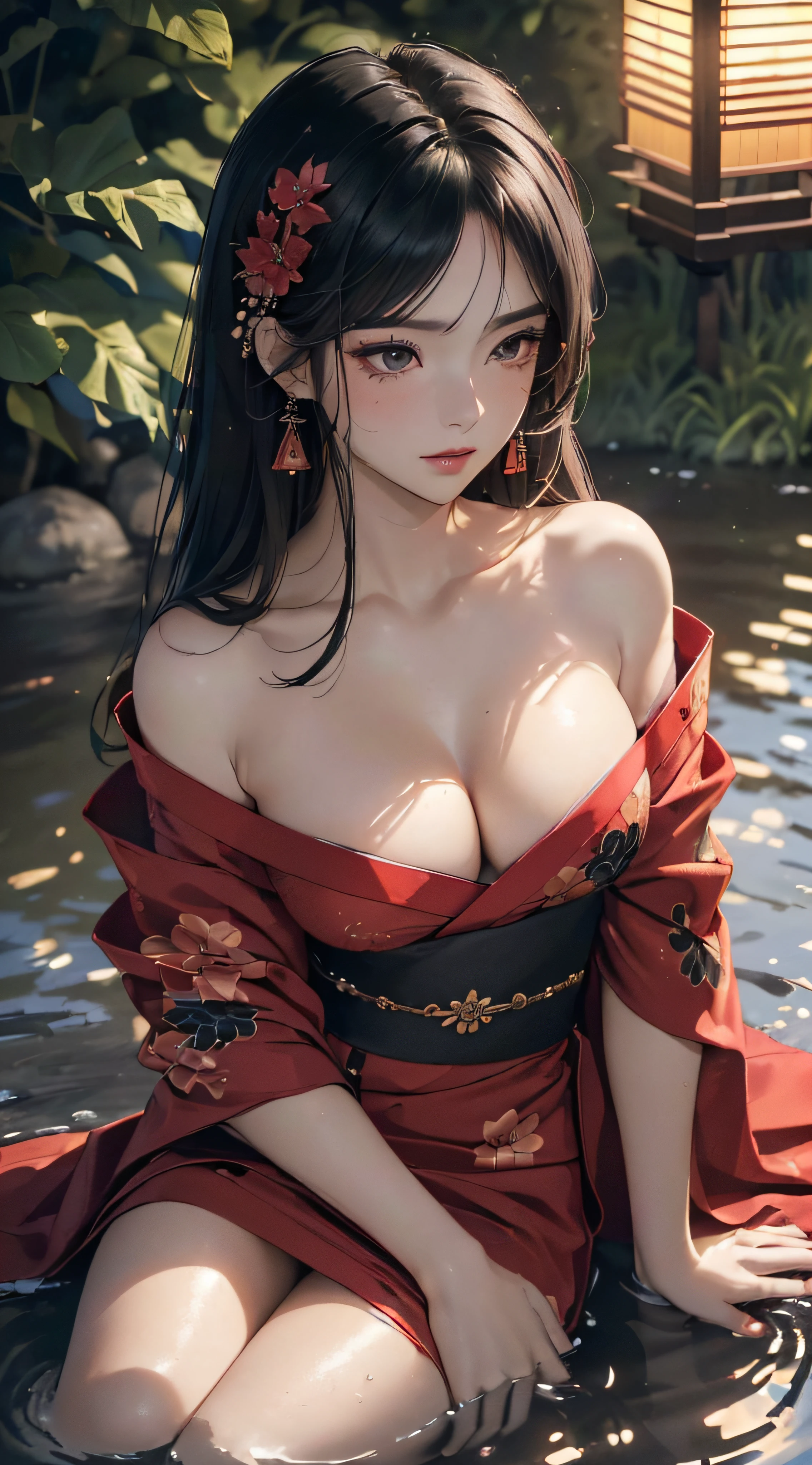 (((8k wallpaper of extremely detailed CG unit, masterpiece, 超A high resolution:1.2, top-quality:1.2, masutepiece))), ((extremely beautiful lady, plein air, natta:1.3, lantern, Immersion in water, lying back, sad Facial expression, extra detailed face, Highly detailed black eyes, extra detailed body, Top quality real texture skins, A dark-haired, de pele branca, Small:1.3, Sexy black and red kimono:1.2, off shoulders, Light pink eyeshadow)), ((Exposed cleavage, exposed shoulder, Exposed legs)), hyper realisitic, digitial painting,