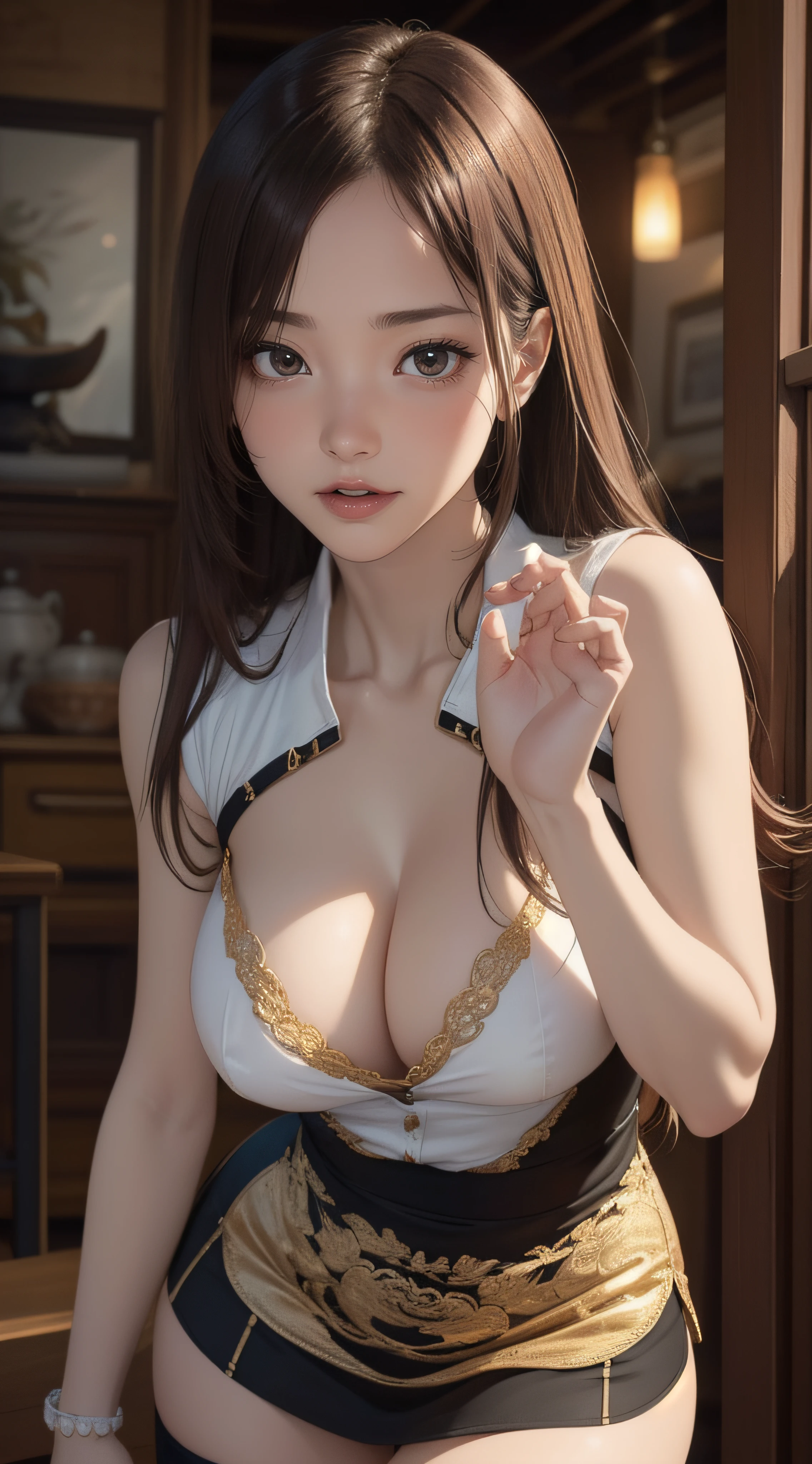 from below,extreme close-up,(kung fu pose:1.2),(ultra detailed skin),curvy,petite,beautiful breasts,large breasts,pale skin,pointy breasts,erect nipples,(fantasy art,Highest image quality,Hyperrealist portrait,(8k),ultra-realistic,best quality, high quality, high definition, high quality texture,high detail,beautiful detailed,fine detailed,extremely detailed cg,detailed texture,a realistic representation of the face,masterpiece,Sense of presence,Dynamic,bold),(thin hair),(soft hair),(straight hair:1.5),Swept long bangs,extra light coppery amber hair,hair over one eye,See-through dress with asymmetrical embroidery,tight mini skirt,stockings,Engineer boot