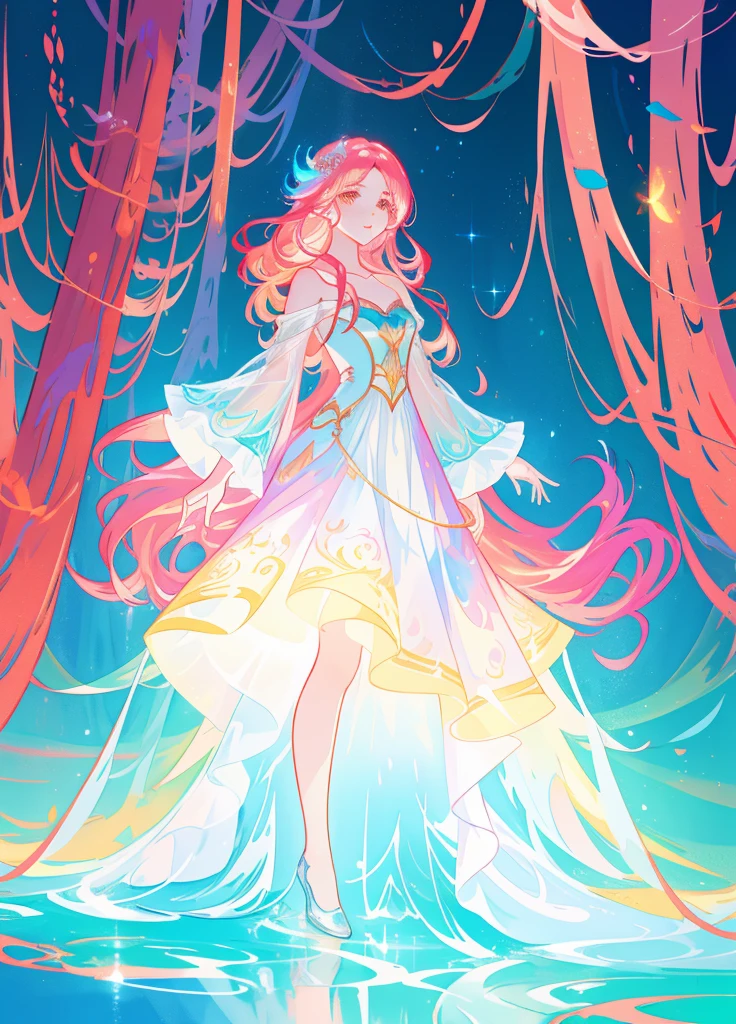 Beautiful girl, vestido de baile em camadas em camadas inchado, magical forest, vibrant pastel colors, (colorido), cabelos longos dourados brilhantes, magic lights, Shimmering Magic Liquid, inspirado em Glen Keane, inspirado em Lois van Baarle, estilo de arte disney, Directed by: Lois van Baarle, Aura brilhante ao seu redor, Directed by: Glen Keane, Jen Bartel, luzes brilhantes! pintura digital, flowing glowing hair, glowing flowing hair, Beautiful digital illustration, fundo fantasia, caprichoso, magica, fantasia, ((beautiful face)), ((master part, best quality)), detalhes intrincados, altamente detalhado, foco nítido, 8K resolution, olhos detalhados cintilantes, Liquid Watercolor
