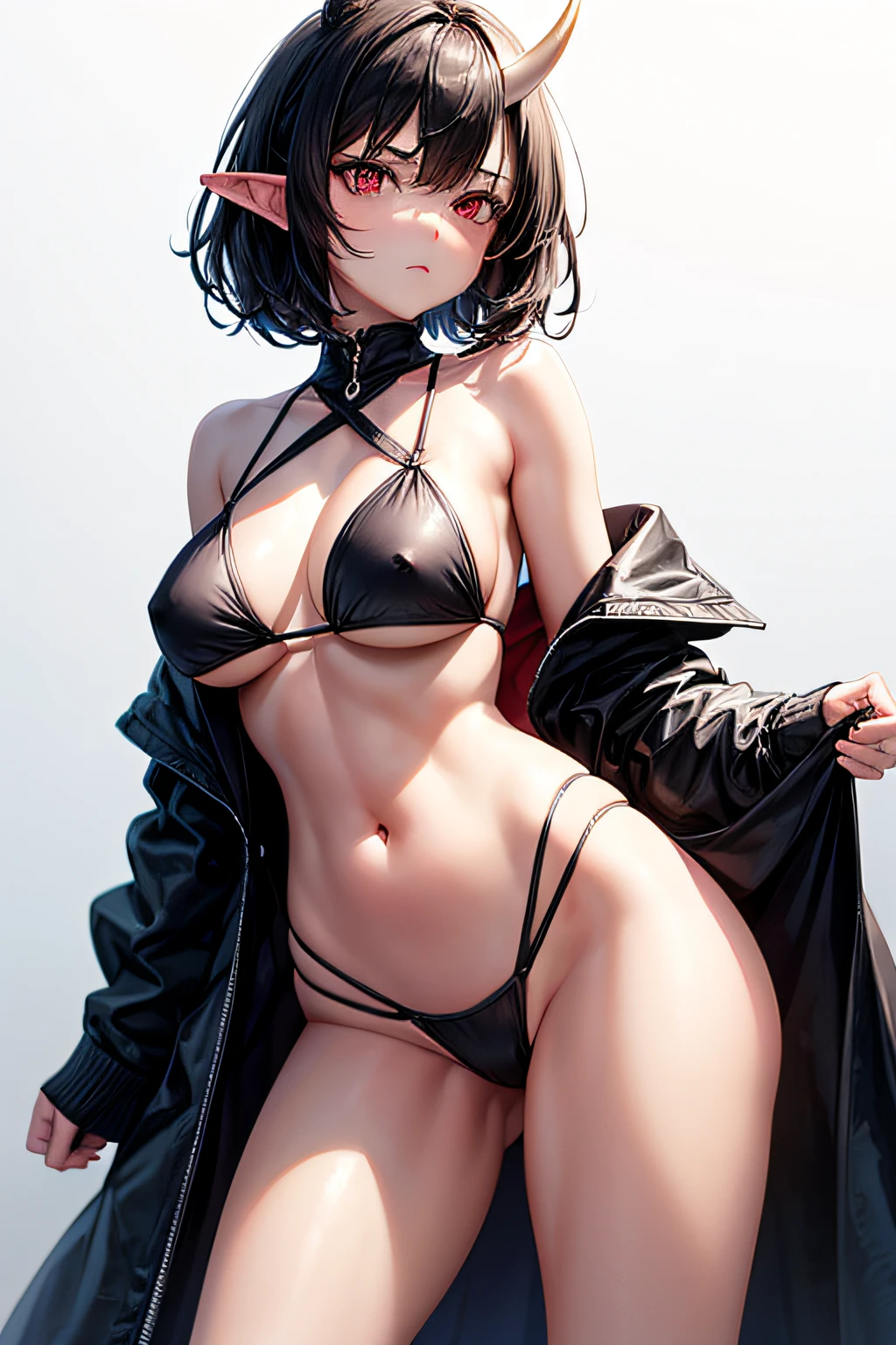 1 girl, tall girl, black hair, very thick short hair, face guard black, elven ears, red eyes, no clothing, no clothes, naked, medium breast, pinkish nipples, virgin, sexy, white highlights, sexy pose, open legs, long belly, blushing, black bikini, open legs pose, seductive stare, walking, oni horns, white backgrounds, fierce stare.