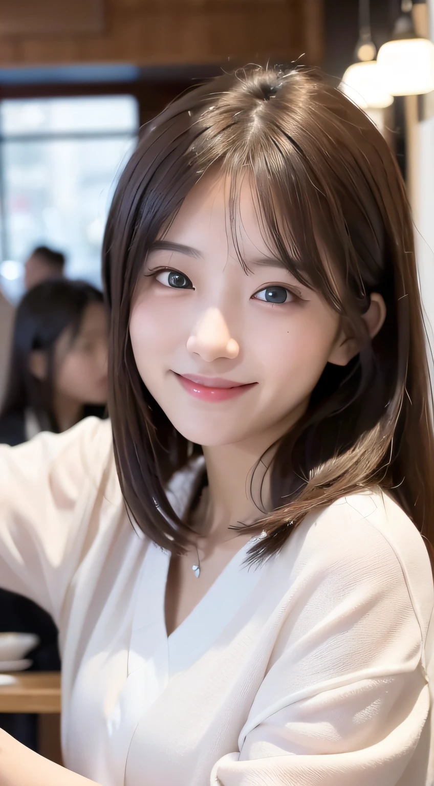 A happy smile looking at this、Young lady at a small restaurant、recommending sake、Wearing a kappo kimono、Girl with Camera、mix4、(8K、Raw photography、top-quality、​masterpiece:1.2)、(realisitic、Photorealsitic:1.37)、1girl in、cute little、profetional lighting、photon maping、Radio City、physically-based renderingt、Gradient Brunette Hair、、a handsome、、superior image quality、hight resolution、1080p、(Clear face)、(Detailed face description)、(Detailed hand description)、(masuter piece)、(Exquisite CG)、 extreme light and shadows、hair messy、​masterpiece、abundant detail、(Exquisite facial features)、(Top image quality)、(​masterpiece)、(Eye of Detail)、Looking forward to your eyes、Delicate collarbones、