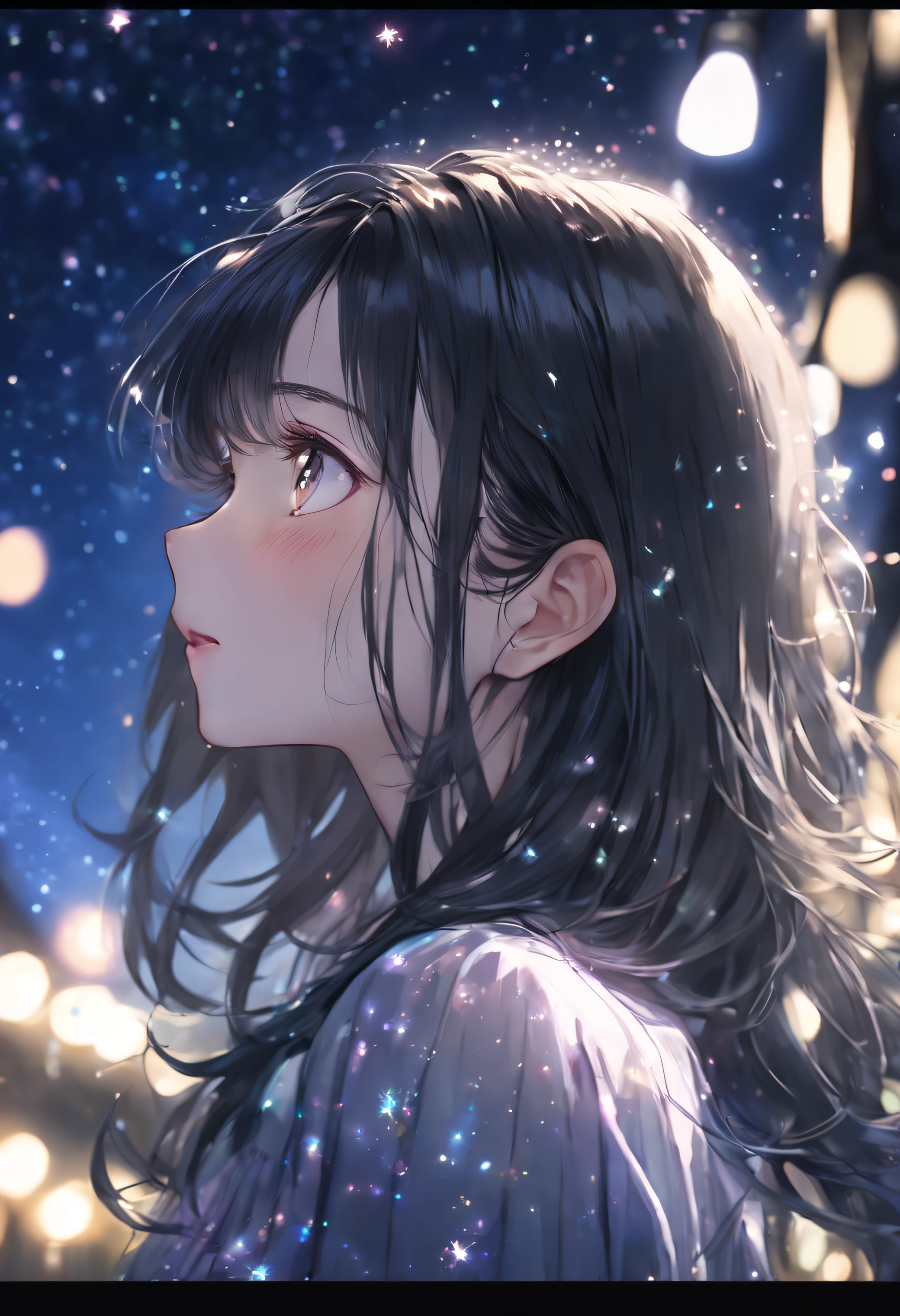 side face focus, eyes focus, cute, masterpiece, best quality, sharp focus, UHD, 1girl, Black hair, looking at the night sky, sparkling eyes, sad expression, dreamy light, sparkle lights, side looking, upper body, night scene,