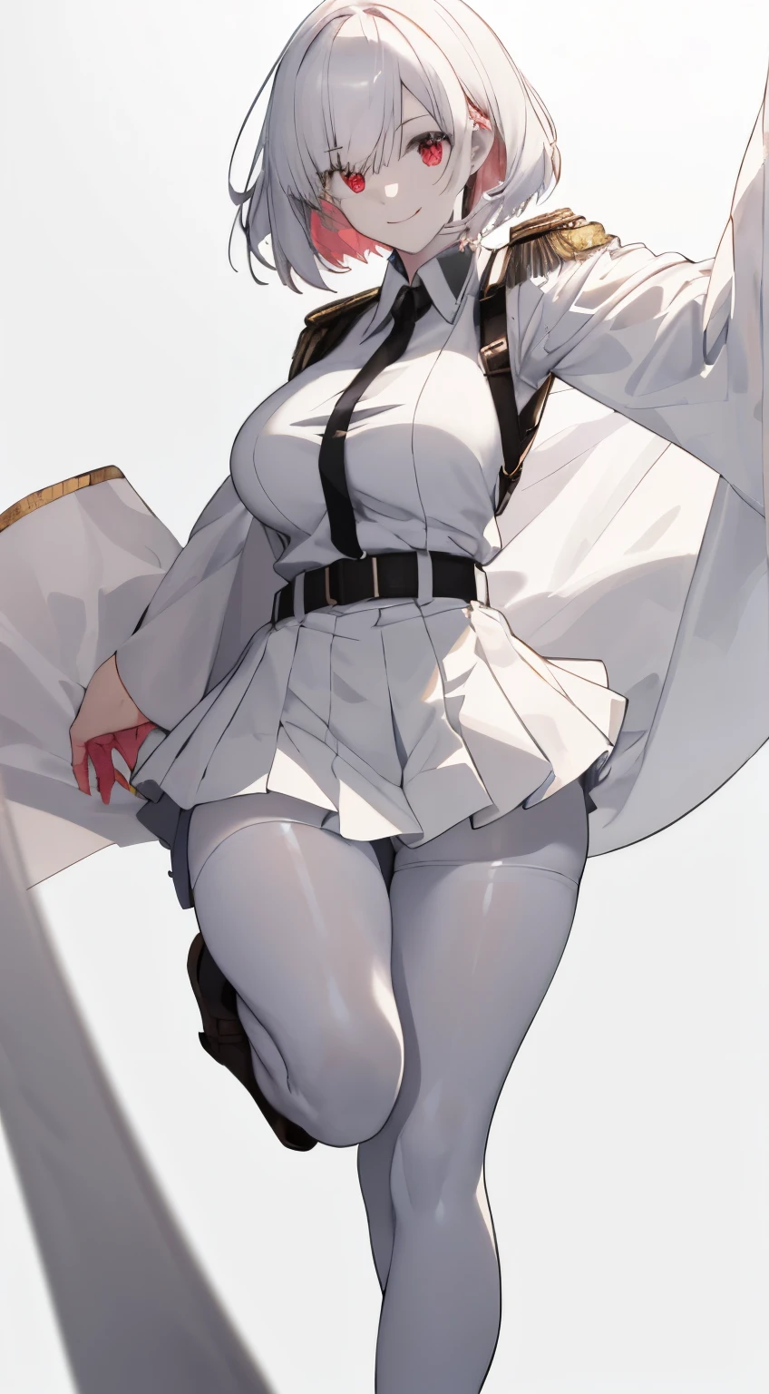 Full body, White one-piece military uniform,(masutepiece:1.2, Best Quality), (finely detailed beautiful eye: 1.2), (beautifull detailed face), High contrast, (Best Illumination, extremely delicate and beautiful), ((Cinematic Light)), Dramatic light, Intricate details, red eyes, large full breasts、Belt under boobs、White military uniform, White skirt,pale gray hair, (Pale white background:1.5), Wolf cut hair, Look at me and smile, Black tie