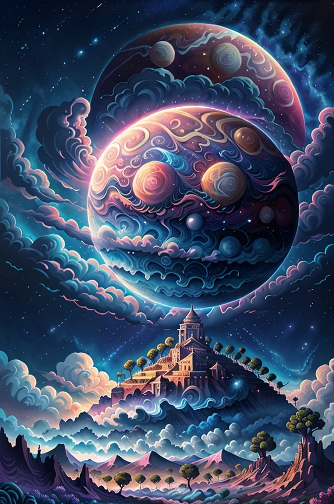 illustration of jupiter clouds by dan mumford, alien landscape and vegetation, epic scene, a lot of swirling clouds, high exposure, highly detailed, realistic, vibrant blue tinted colors, uhd