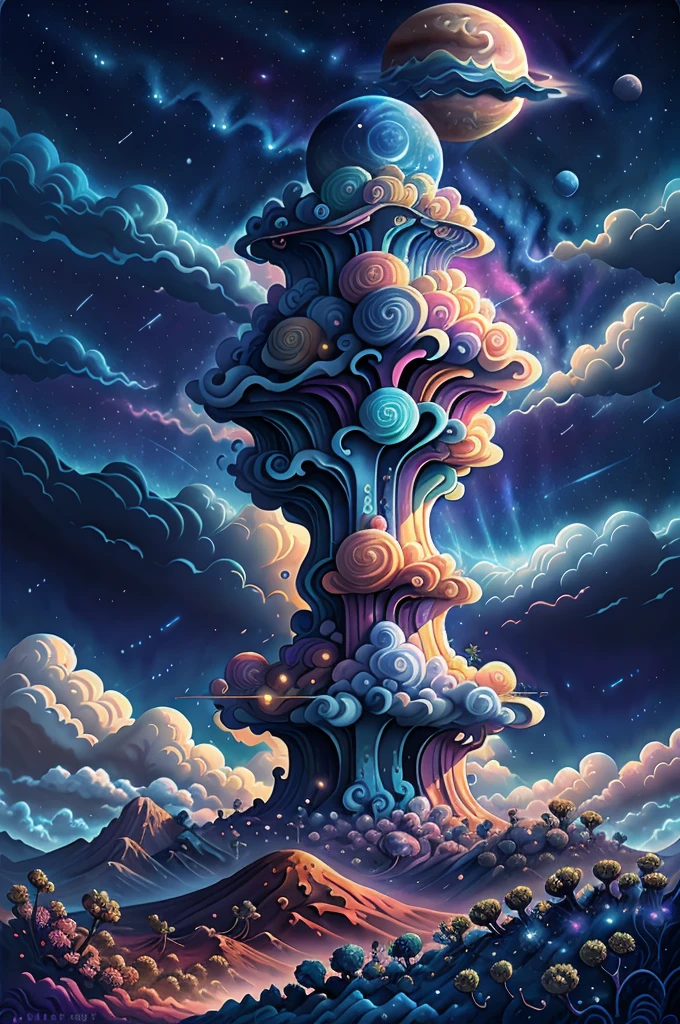 illustration of jupiter clouds by dan mumford, alien landscape and vegetation, epic scene, a lot of swirling clouds, high exposure, highly detailed, realistic, vibrant blue tinted colors, uhd