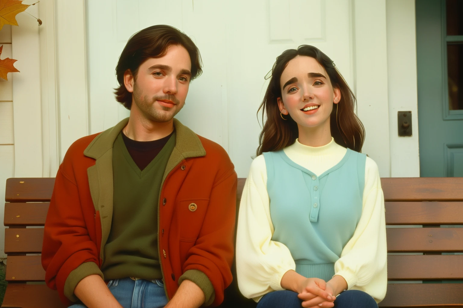 1996, Berkshire County, Massachusetts. Pre-raphaelite ((((44-year-old)) Jennifer Connelly)), with a stubble man, front porch bench, smile, ((happiness expression)), autumn, ((((casual Clothing from the 1990s)))), ((short Hairstyle of the 1990s)), ((Wes Anderson cinematic style)), colorful
