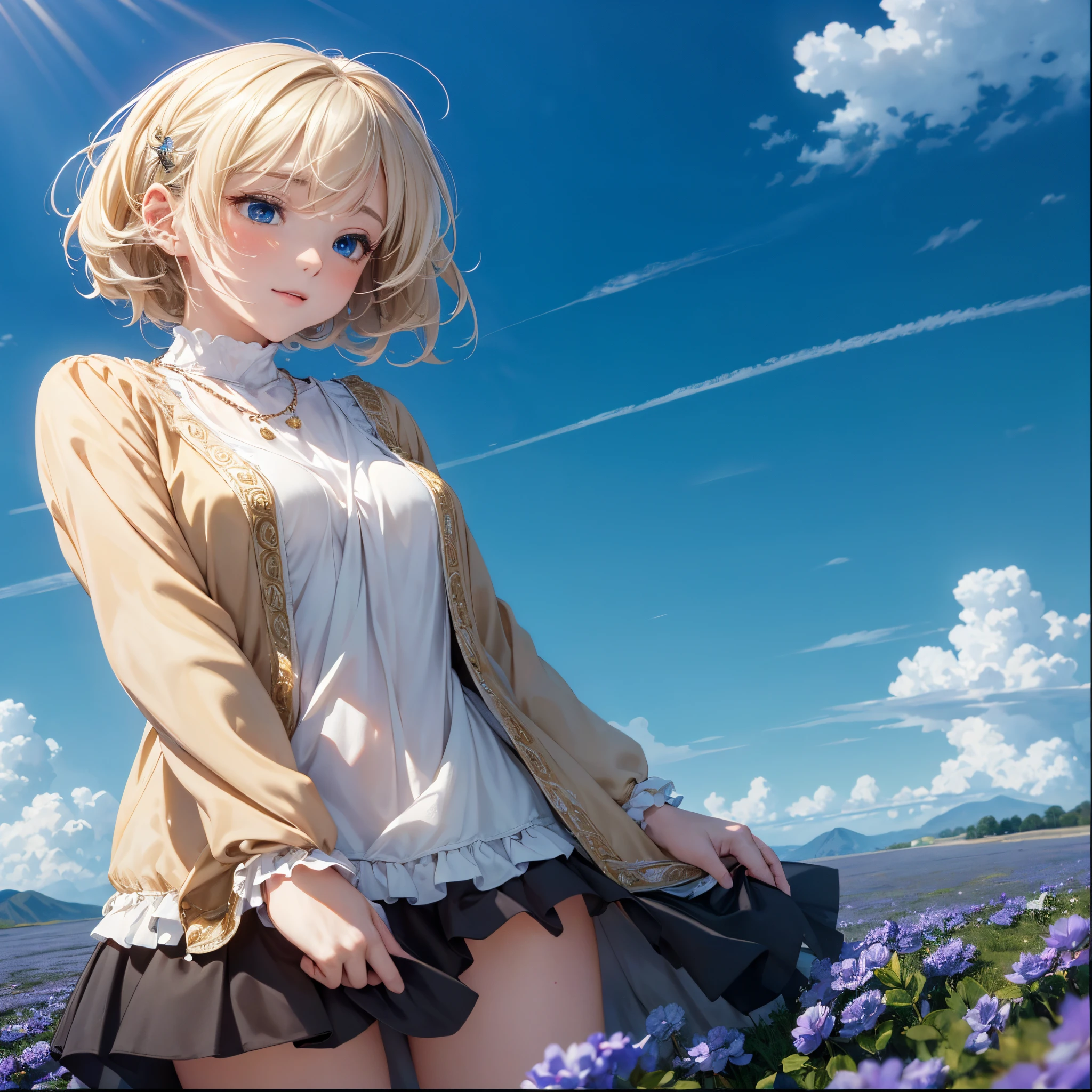 (masterpiece),(top-quality:1.2),1girl in,(masuter piece:1.3),exquisitedetails, Highest quality 8K resolution, Ultra-detailed, Realistic, Vibrant colors, Soft tones, With warm and gentle lighting,(Smooth straight blonde hair:1.2),(Hair parted in the middle:1.3),(Glowing hair),(Dark blue eyes:1.3),White skin, hair clips,Small necklace,A gentle feeling overflows,The sun's rays illuminate joy and pure love, Warm golden glow,The atmosphere is full of happiness and laughter, As if celebrating love,Ultra-detailed depiction and vivid colors,A style that combines romanticism and realism,depth of love,color palettes,Create an ethereal atmosphere like a dream,Lighting is soft and diffused,masterpiece artwork