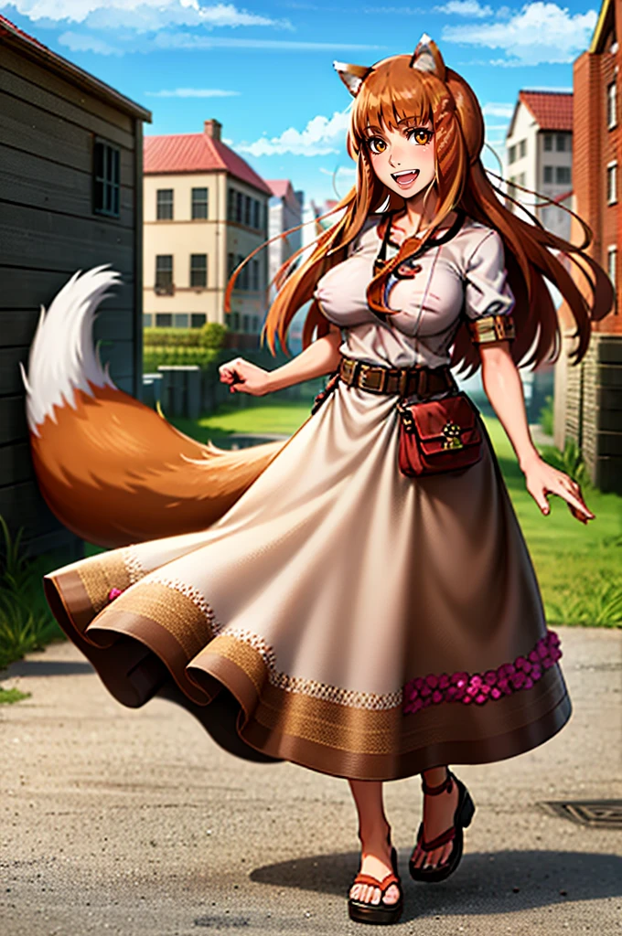 (holo:1.5), (holoBrownDress:1.5), masterpiece, best quality, absurdres, 1girl, looking at viewer, standing, cowboy shot, outdoors, medieval, cobblestone street, town, pouch, sash, smile, fruit, apple, basket,huge breast, curvy, silver hair, white hair, full body, flipflops,, smiling open mouth, fengs, teeth