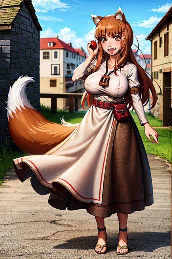 (holo:1.5), (holoBrownDress:1.5), masterpiece, best quality, absurdres, 1girl, looking at viewer, standing, cowboy shot, outdoors, medieval, cobblestone street, town, pouch, sash, smile, fruit, apple, basket,huge breast, curvy, silver hair, white hair, full body, flipflops,, smiling open mouth, fengs, teeth