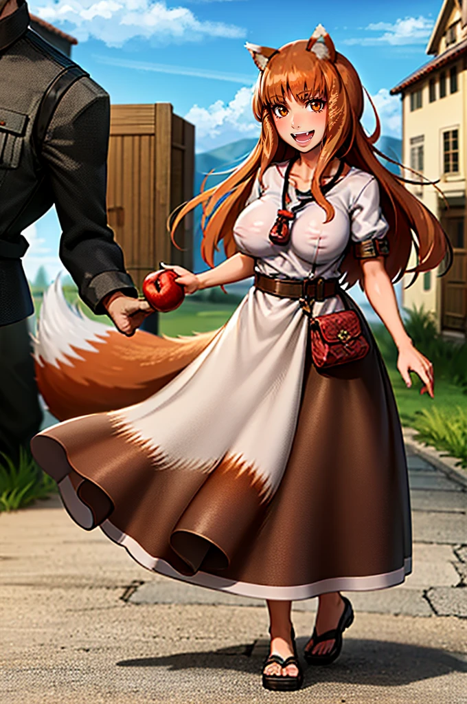 (holo:1.5), (holoBrownDress:1.5), masterpiece, best quality, absurdres, 1girl, looking at viewer, standing, cowboy shot, outdoors, medieval, cobblestone street, town, pouch, sash, smile, fruit, apple, basket,huge breast, curvy, silver hair, white hair, full body, flipflops,, smiling open mouth, fengs, teeth