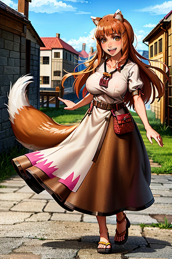 (holo:1.5), (holoBrownDress:1.5), masterpiece, best quality, absurdres, 1girl, looking at viewer, standing, cowboy shot, outdoors, medieval, cobblestone street, town, pouch, sash, smile, fruit, apple, basket,huge breast, curvy, silver hair, white hair, full body, flipflops,, smiling open mouth, fengs, teeth