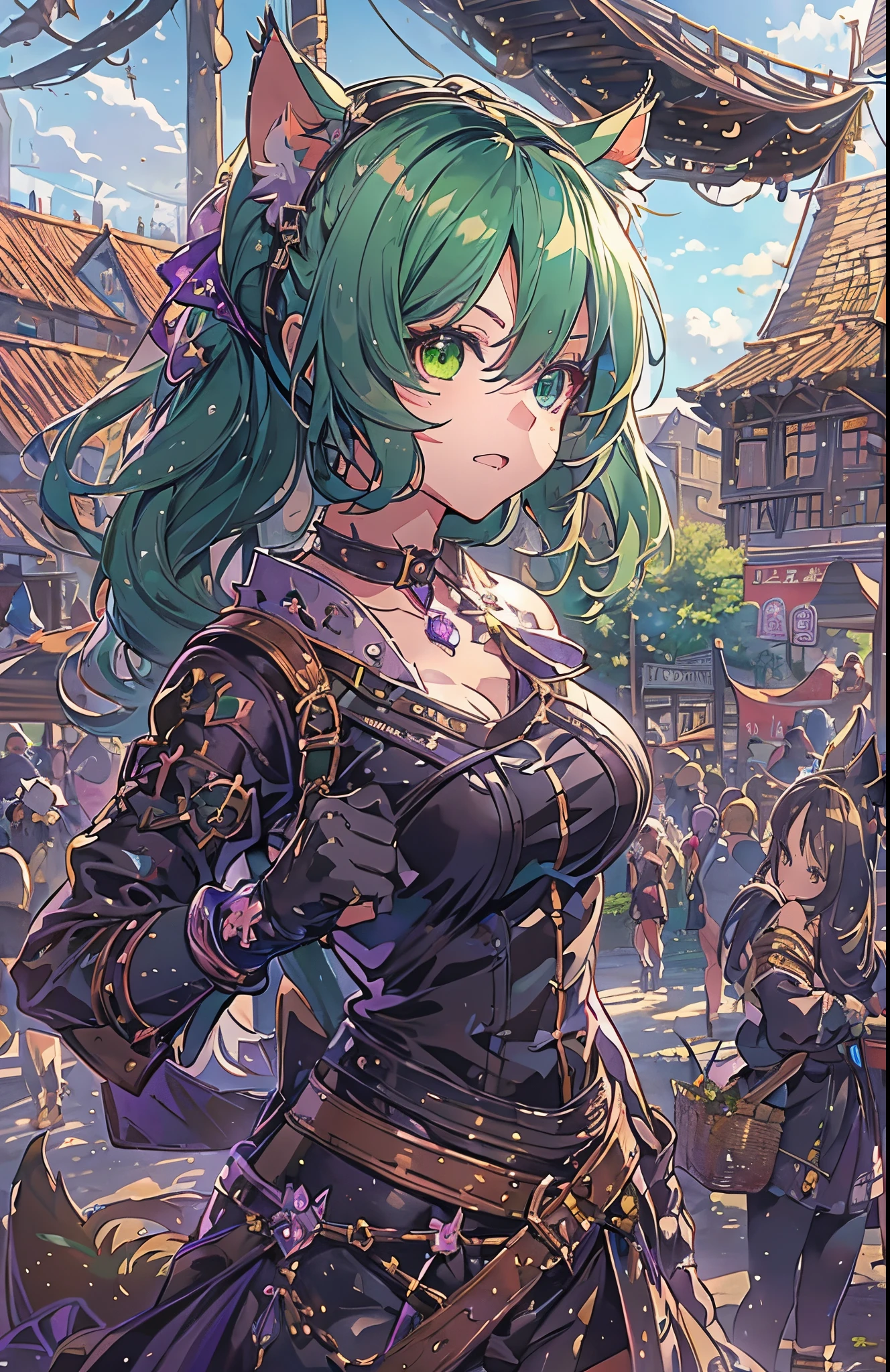 masterpiece, highly detailed, concept art, medium shot, anime style, (catgirl:1.4), cat ears, heterochromia eyes, (violet and green colored ponytail hair), cute, Leather outfit, fantasy theme, bustling medieval market background, (epic composition, epic proportion), Contrast, HD