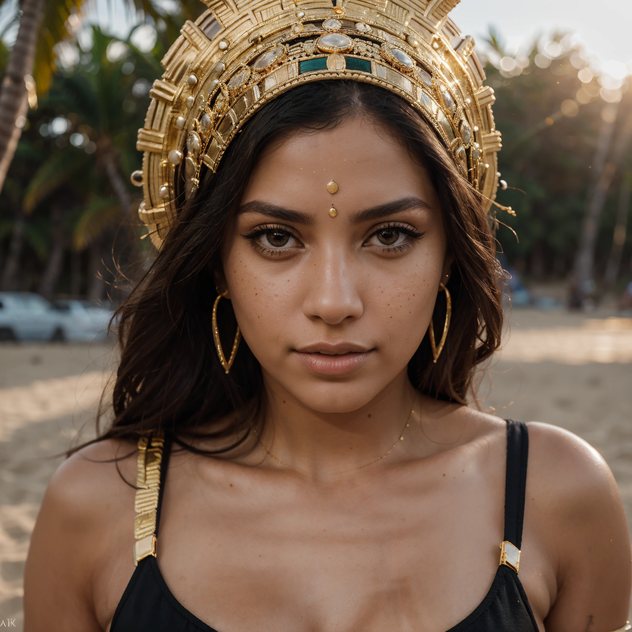 hyper realistic, ultra detailed photograph of a woman with in futuristic headwear inspired by an ancient Egypt queen, Cleopatra headwear, she is dressed in an Egyptian female costume, the costume is black with gold, decorations snake, gold, silver, stones, scarab beetle, microchips, integrated electric circuits, brown skin, slim body, dark hair, Natti Natasha look, golden hour, warm sunlight fractal details, full body pose, depth of field, HOF, hall of fame, detailed gorgeous face, model facing camera, beach with palm trees, orange sunset, orange sun, tropical beach, professional photographer, captured with professional DSLR camera, ultra detailed, ultra accurate detailed, bokeh, cinematic, intricate, epic, freckles, detailed mascara,