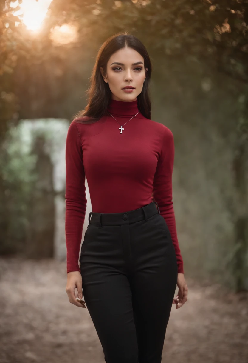 Emilicia Gomez, tall, Gorgeous, Spanish descent, Age 23, Smooth skin, Black hair. Turtleneck of red color, Black Fitting Pants, Simple Silver Cross Necklace, Work in an underground base, Highly detailed, 发光, 8K, Checking artifacts, holding a long whip. Amazing detail,