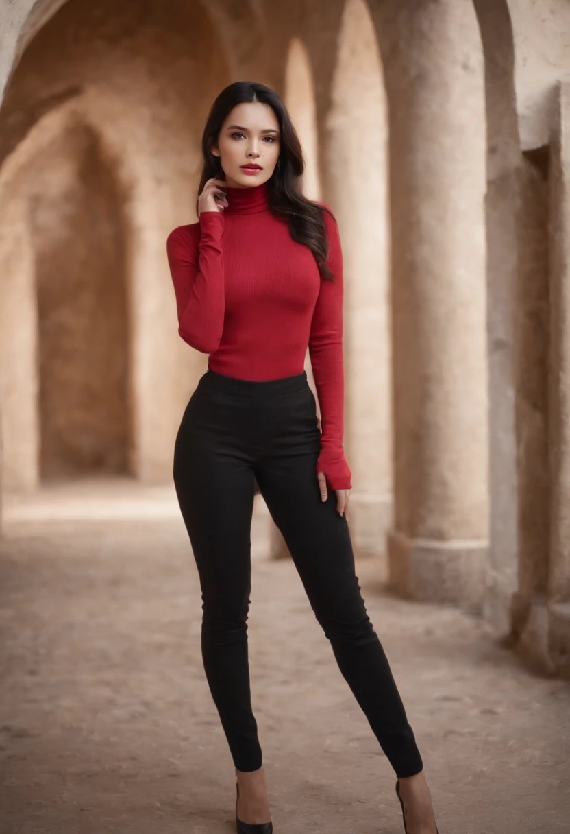 Emilicia Gomez, tall, Gorgeous, Spanish descent, Age 23, Smooth skin, Black hair. Turtleneck of red color, Black Fitting Pants, Simple Silver Cross Necklace, Work in an underground base, Highly detailed, 发光,  8K, Checking artifacts, holding a long whip. Amazing detail,