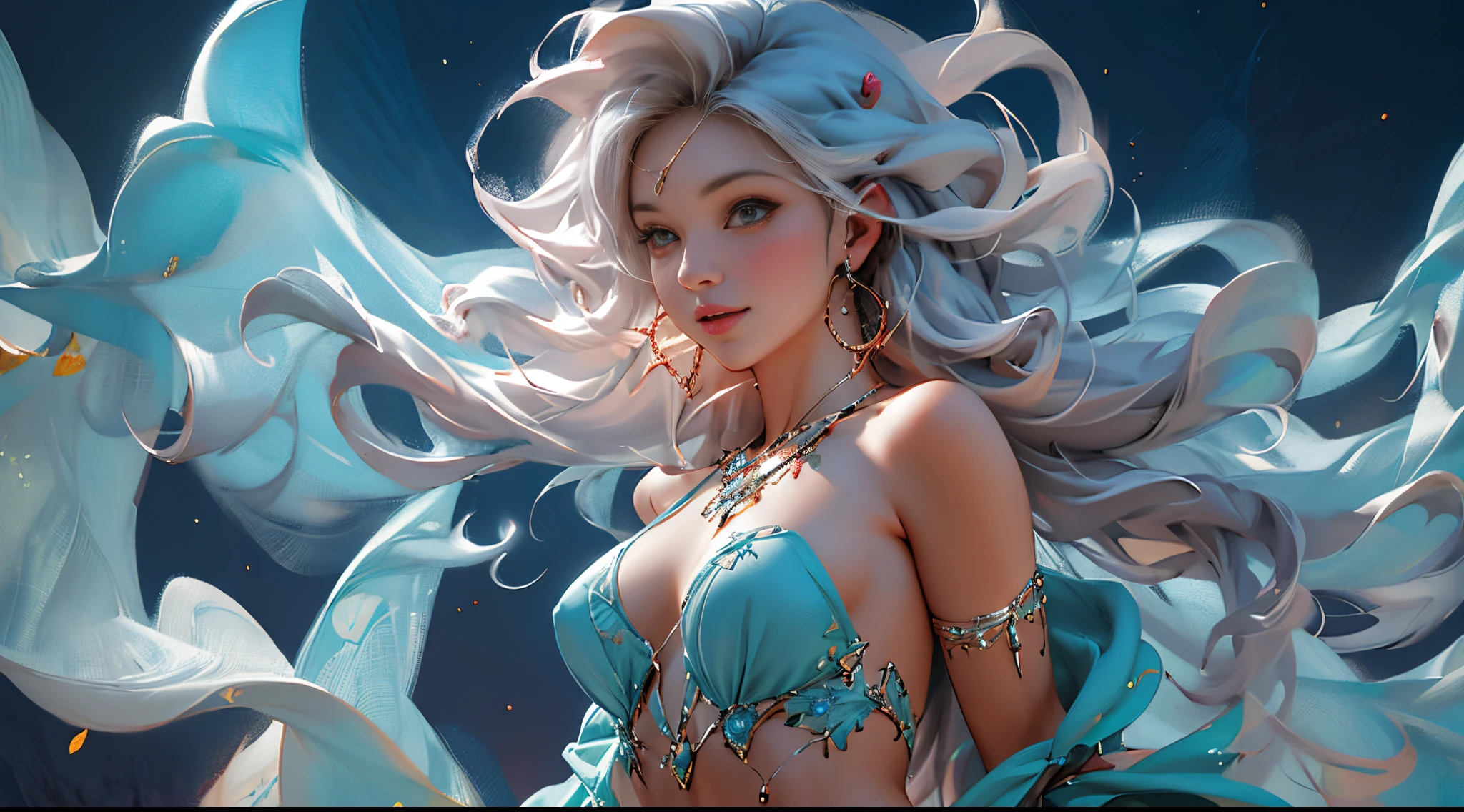 Anime girl standing in the water,Smile,Long white hair and blue dress, detailed digital anime art, 2. 5D CGI anime fantasy artwork, 8K high quality detail art, Japanese anime fantasy illustration, fantasy art style, white-haired god, Anime fantasy artwork, Epic and beautiful character art, Advanced Digital Animation Art, hyper-detailed fantasy character, Fanart's Best Art Station, Very detailed ArtGerm,(tmasterpiece,Best quality at best:1.4),Light painting,(long term exposure:1.2),dynamic streaks,Luminous trajectory,Vibrant colors,Smooth movement,Charming Patterns,Creative experimentation,(1 busty girl),(highest details),(Denim lenses: 1.2)、dynamicposes,Realistic face,Clothes translucent,Bare chest