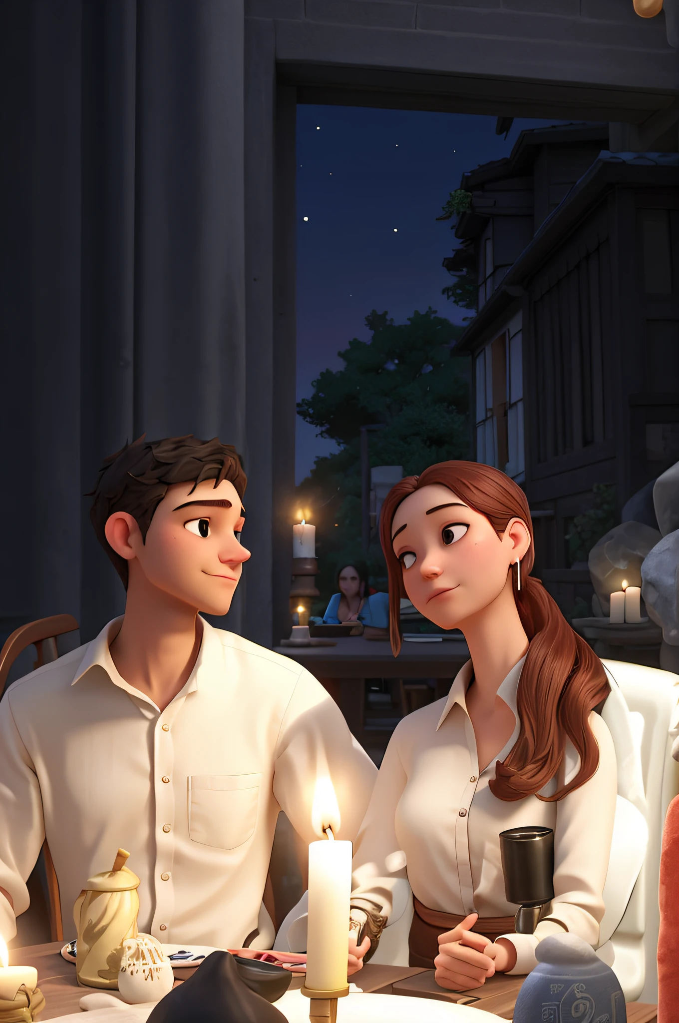 they are sitting at a table with a candle and a cell phone, summer evening, looking at each other mindlessly, ayanamikodon and irakli nadar, early evening, evening at dusk, by Emma Andijewska, at night, ruan jia and brom, jordan grimmer and natasha tan, they are siblings, at twilight, summer night
