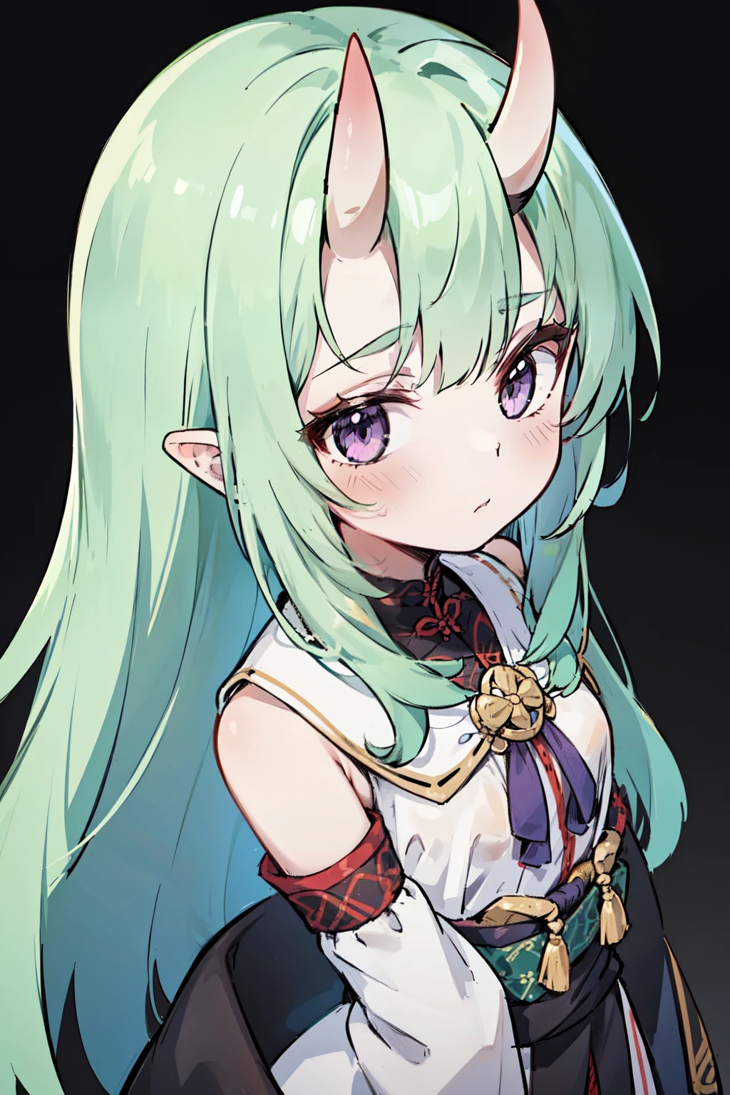 masterpiece, best quality, 4k, face close-up, portrait, 1girl, solo, beige hair, light green hair, pale green hair, long hair, purple eyes, small breasts, (oni girl, oni horns), serious, neutral, shy, black cloak, hood, medieval fashion, standing, arms behind back, looking at viewer, white background, abstract background