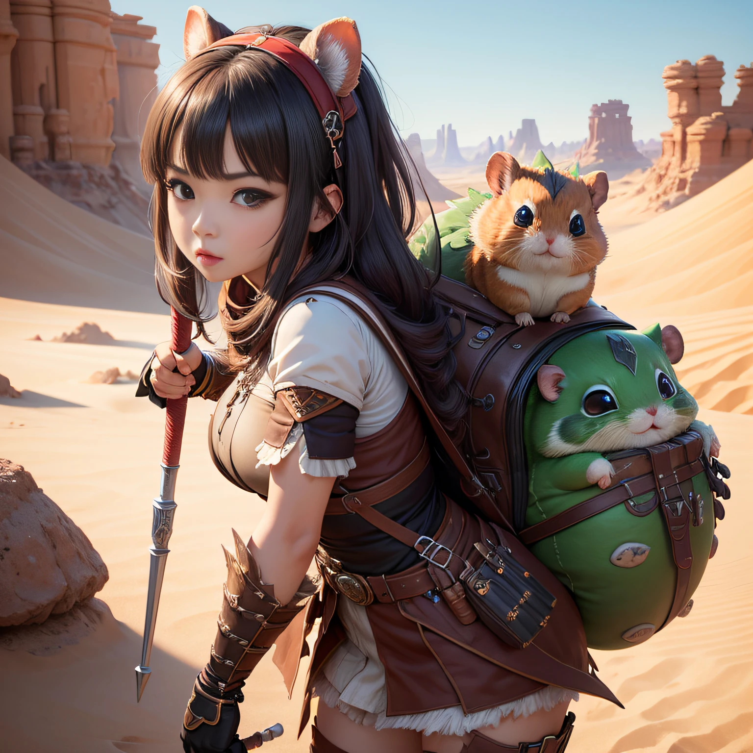 超A high resolution、An ultra-high picture quality、8K、Detailed details、marvelous expression、1 person woman、A little hamster monster is your buddy、Monster Hunter Character Costumes、Have a big weapon、vast desert oasis background、