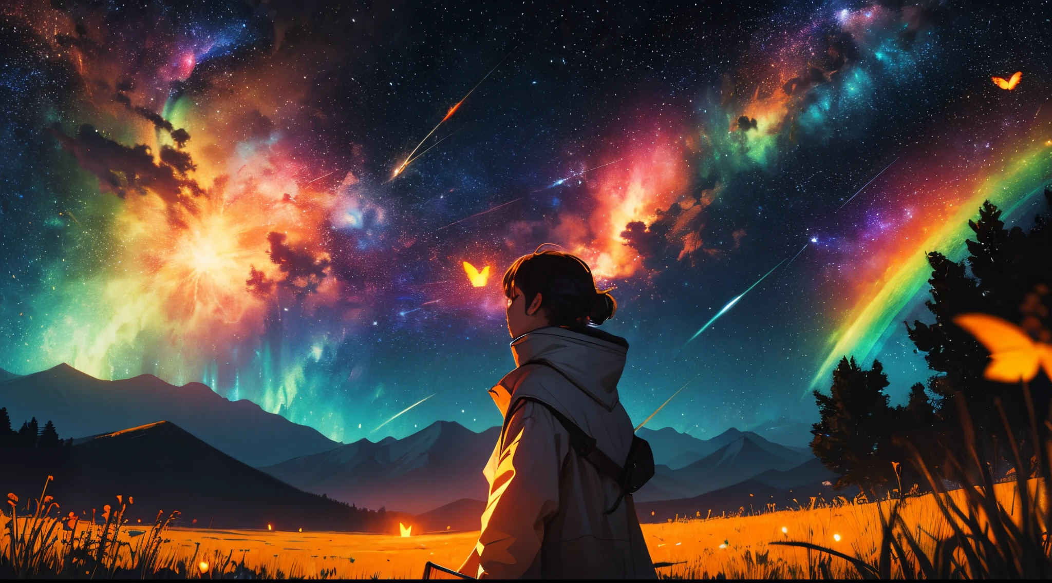Vast landscape photo, (viewed from below, the sky is above and the open field is below), a girl standing on a flower field looking up, (full moon: 1.2), (meteor: 0.9), (nebula: 1.3), distant mountains , Trees BREAK Crafting Art, (Warm Light: 1.2), (Fireflies: 1.2), Lights, Lots of Purple and Orange, Intricate Details, Volumetric Lighting, Realism BREAK (Masterpiece: 1.2), (Best Quality), 4k, Ultra-Detailed, (Dynamic Composition: 1.4), Very Detailed, Colorful Details, (Rainbow Colors: 1.2), (Glow Lighting, Atmospheric Lighting), Dreamy, Magical, (Solo: 1.2)