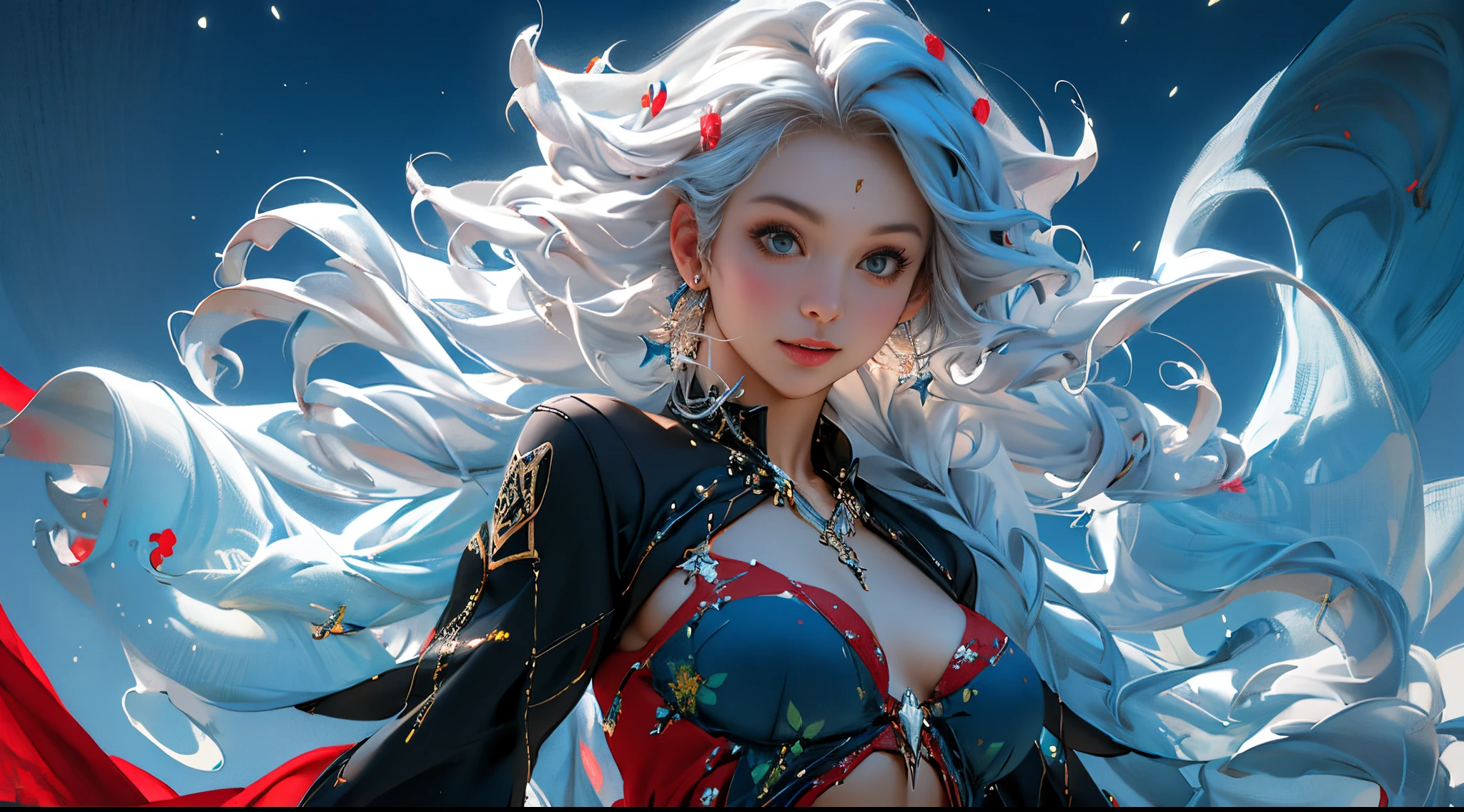 Anime girl standing in the water,Smile,Long white hair and blue dress, detailed digital anime art, 2. 5D CGI anime fantasy artwork, 8K high quality detail art, Japanese anime fantasy illustration, fantasy art style, white-haired god, Anime fantasy artwork, Epic and beautiful character art, Advanced Digital Animation Art, hyper-detailed fantasy character, Fanart's Best Art Station, Very detailed ArtGerm,(tmasterpiece,Best quality at best:1.4),Light painting,(long term exposure:1.2),dynamic streaks,Luminous trajectory,Vibrant colors,Smooth movement,Charming Patterns,Creative experimentation,(1 busty girl),(highest details),(Denim lenses: 1.2)、dynamicposes,Realistic face,Clothes translucent,Bare chest