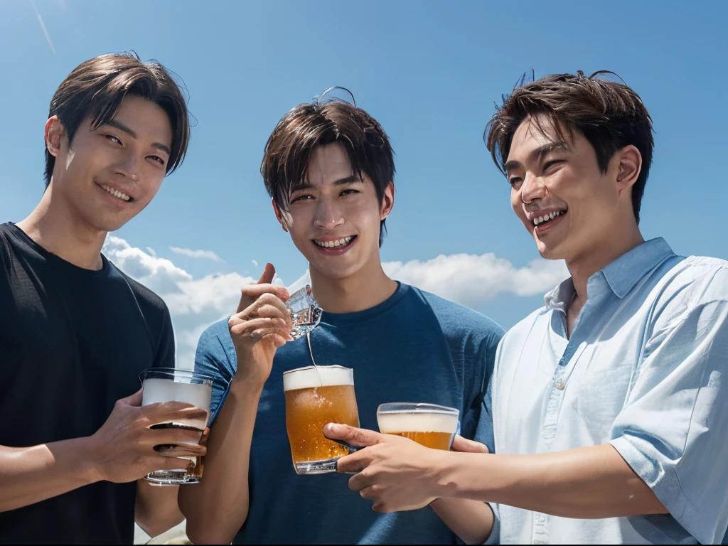 (hight resolution)、(4K) 、(photoRealstic)、Live Action、Japan male in his 20s、(3 males)、3 people、natural soft light、sunlight、Three men arm in arm、blue-sky、great laughter、everyone has a beer mug、The body is turned forward