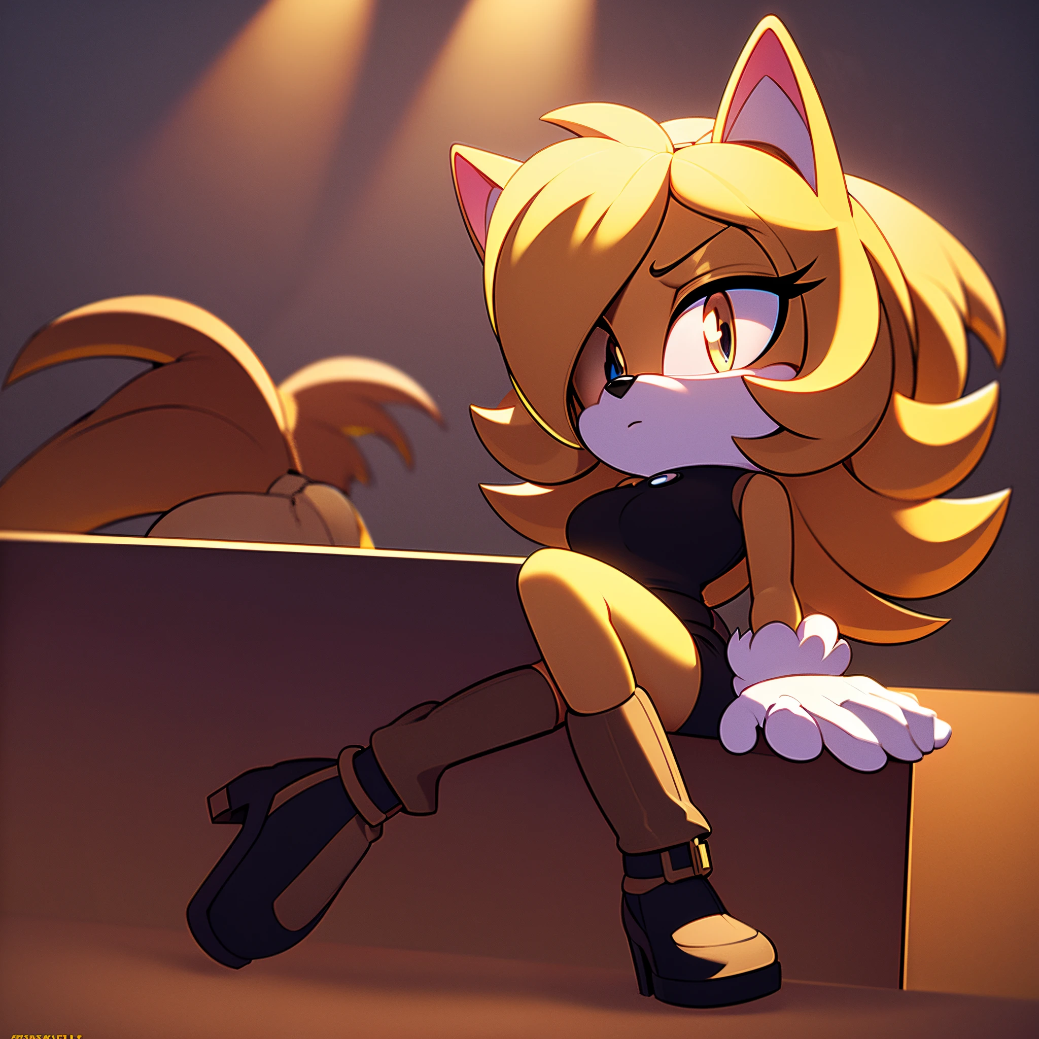 {(beautiful, masterpiece, best quality, perfect lighting, 4k)}, ((1girl)), ((solo)), (mobian), detailed hands and fingers, female, mobian, blonde fur, fuzzy fur, medium hair, blonde hair fades into white hair halfway down, amber colored eyes, large hair bangs over one eye, large tuft of blonde chest fur/mane, mane of blonde fur, fluffy mane of blonde fur over the shoulders, long fuzzy cat tail, tight black dress, grey crop top on top of the dress, fluffy mane over crop top, black fingerless gloves, grey glove cuffs with amber rings around the middle, grey strapped heels, (standing with crossed legs)