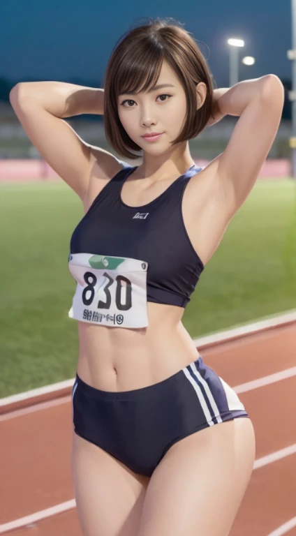 (masutepiece:1.3), (8K, Photorealistic, Raw photography, Best Quality: 1.4), japanse, Beautiful face, (Lifelike face), (Short-cut hair:1.3), Realistic eyes, Beautiful eyes, (realskin), Beautiful skin, Ultra high definition, Hyper-realistic, hight resolution, beautiful japanese female, (Athletics stadium at night, Land Track:1.5), track and field, (Show the armpits:1.4), (Hands behind the head:1.2), Smile