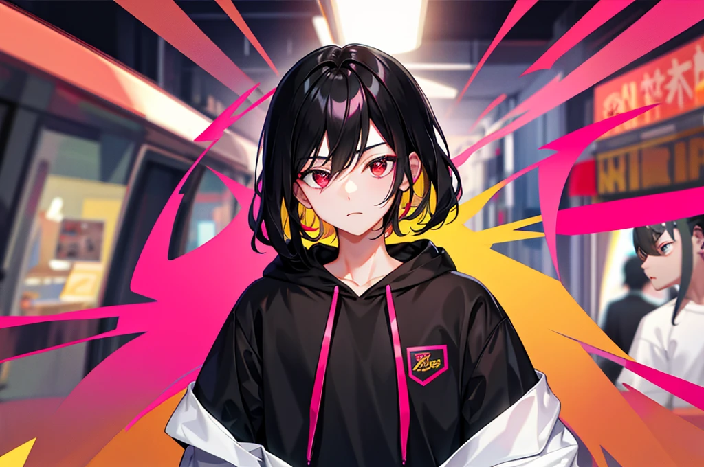 1 handsome boy and beautiful girl black hair, forehead coma hair, korean hair, red eyes, street style, gradattion hoodie pink yellow, collor full background, shiny, viewing viewer, upper body