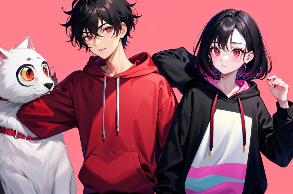 1 handsome boy and beautiful girl black hair, forehead coma hair, korean hair, red eyes, street style, gradattion hoodie pink yellow, collor full background, shiny, viewing viewer, upper body