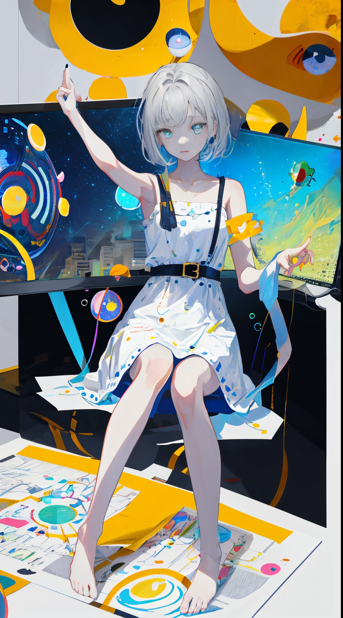 (master masterpiece,best best quality:1.2),(super meticulous),(illustartion),Ultra-high resolution,The face is super delicate,The eyes are delicate,blue pupils,Finger Detail,desktop wallpaper,sitting,looking at the viewers,Dynamic poses,Postural stretching,Original,1girl,Disheveled gray hair,thin straps,White dress,bare leg,bare feet,Bare arms,total body,(Surrounded by colorful splashes and dots),Colored bubbles,(Shiny),Simple background