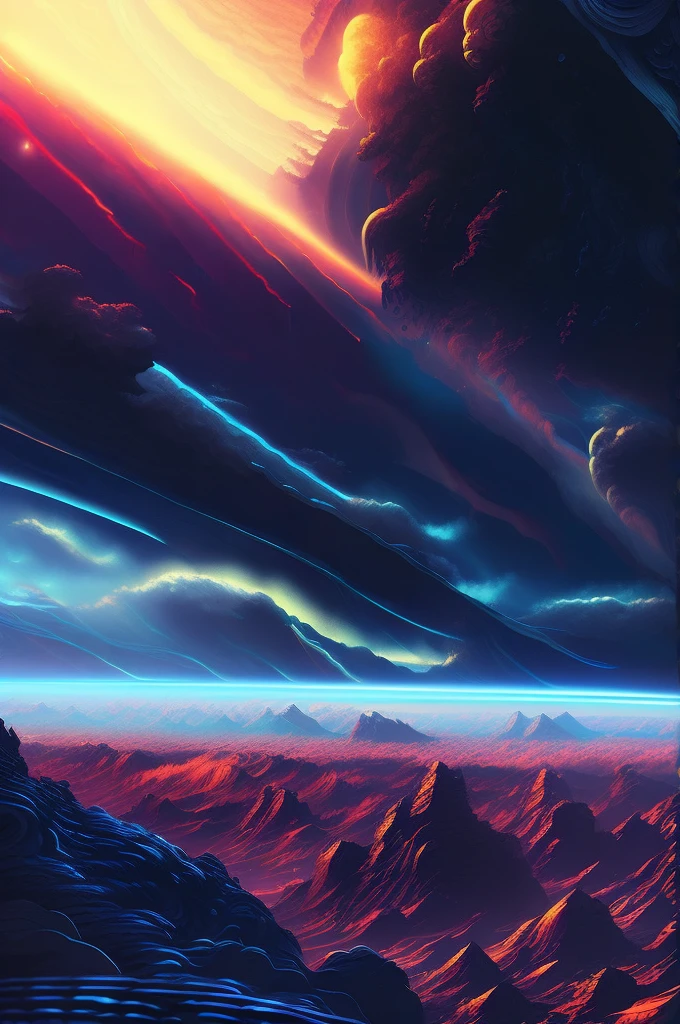 illustration of jupiter clouds by dan mumford, alien landscape and vegetation, epic scene, a lot of swirling clouds, high exposure, highly detailed, realistic, vibrant blue tinted colors, uhd