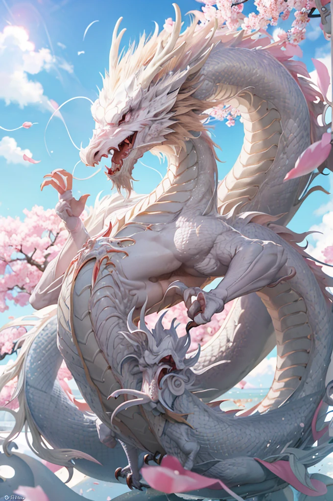 logo,masterpiece,(on a white background:1),white chinese dragon surrounded by white clouds,pink sakura trees,petals,wind,god,long wavy body,fangs,fantasy, mythical, high quality, highly detailed, masterpiece, epic,particles effect,dynamic effect,sun in the background