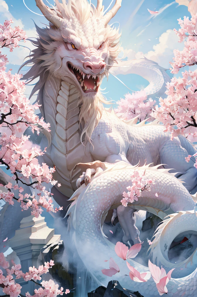 logo,masterpiece,(on a white background:1),white chinese dragon surrounded by white clouds,pink sakura trees,petals,wind,god,long wavy body,fangs,fantasy, mythical, high quality, highly detailed, masterpiece, epic,particles effect,dynamic effect,sun in the background