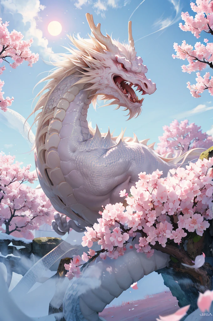 logo,masterpiece,(on a white background:1),white chinese dragon surrounded by white clouds,pink sakura trees,petals,wind,god,long wavy body,fangs,fantasy, mythical, high quality, highly detailed, masterpiece, epic,particles effect,dynamic effect,sun in the background