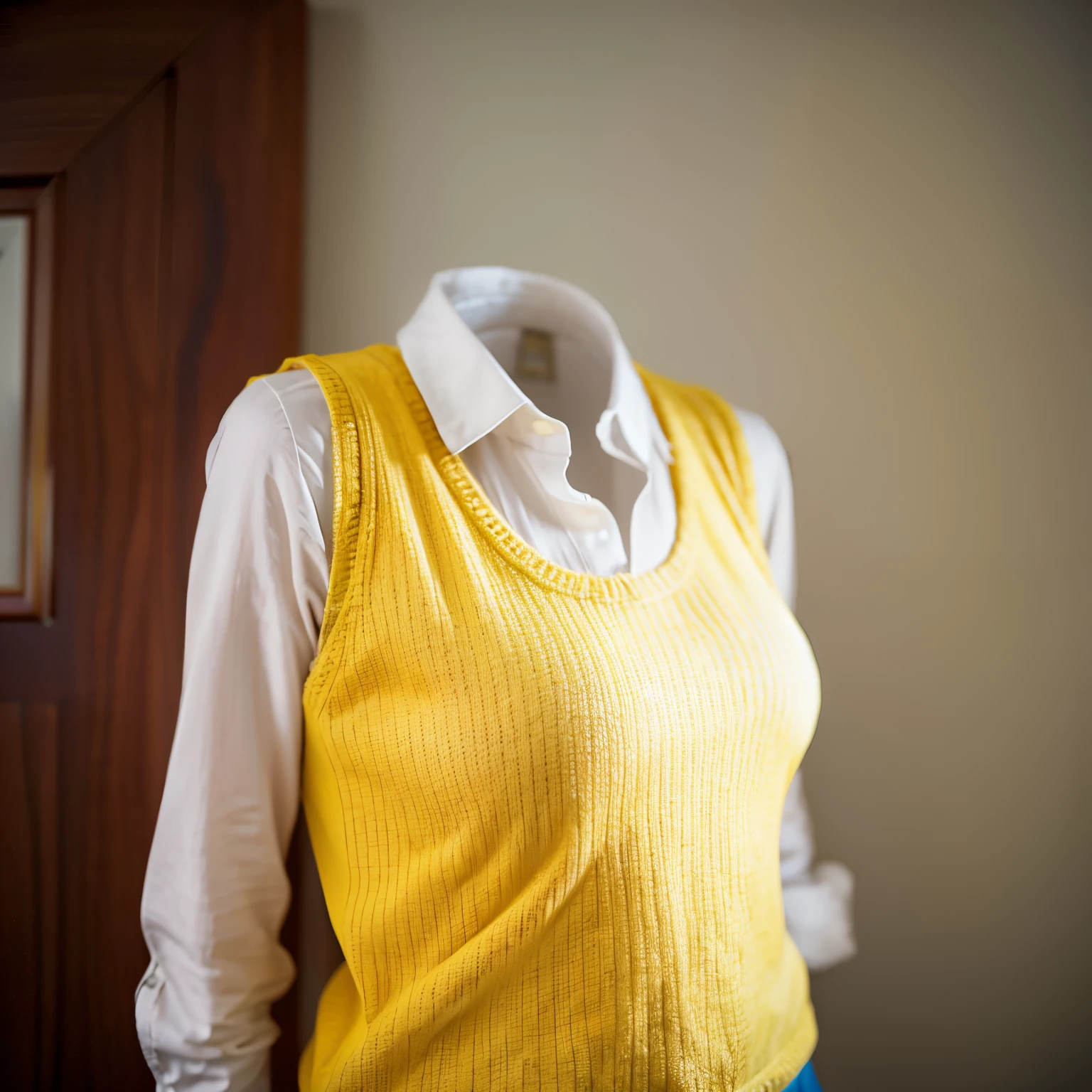 chubby, fat, skirt, shirt, bow, ribbon, school uniform, white shirt, short sleeves, sweater vest, green ribbon, (yellow sweater vest:1.5), ((Seductive pose)), (invisible:1.5, no humans:1.5, headless:1.5, faceless:1.5), ((cute huge breasts)), (close-up shot of breasts) (8k, RAW photo, best quality, masterpiece:1.2), (realistic, photo-realistic:1.37), photon mapping, radiosity, ((Hasselblad photography)), physically-based rendering