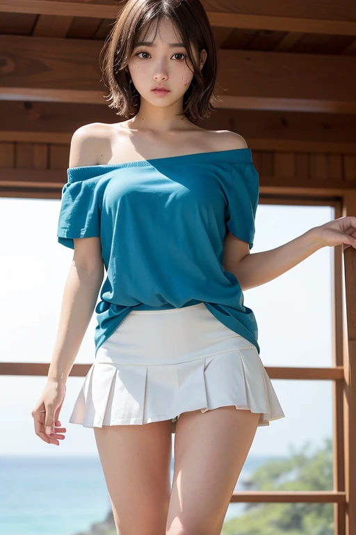 An ultra-high picture quality、8Ｋ、Beautiful blue sea、hi-school girl、Idol、age pretty girl、Embarrassed face、Messy short brown hair、model legs、off shoulders、Sexy shirt about to come off、Nothing in the shirt、The skirt is riding up、The shirt is wet and sheer、Sharp Focus、a miniskirt、white panty、