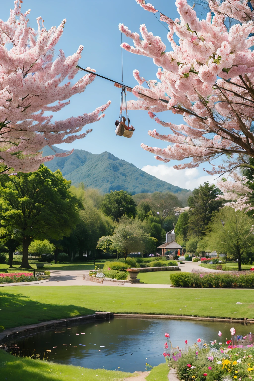 swing,spring,Monthly flowers,hentail realism,Scenic one. realisticlying,The landscape,in a panoramic view,Multi-element
