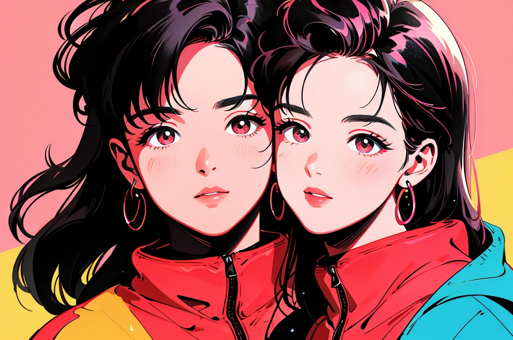 1 handsome boy and beautiful girl, black hair, forehead coma hair, Korean hair, red eyes, street style outfit, gradient hoodie in pink and yellow, colorful background, shiny, engaging gaze towards viewer, upper body

(best quality,4k,8k,highres,masterpiece:1.2), ultra-detailed, (realistic,photorealistic,photo-realistic:1.37), HDR, UHD, studio lighting, ultra-fine painting, sharp focus, physically-based rendering, extreme detail description, professional, vivid colors, bokeh

portraits, street photography, vibrant colors, warm tones, soft lighting